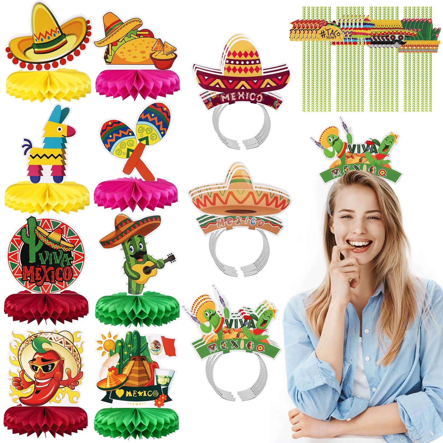 ommtina 45 Pcs Cinco De Mayo Party Supplies Including 9 Sombrero Headband Hats 8 Mexican Honeycomb Table Centerpieces 28 Fiesta Paper Striped Straws Mexican Coco Theme for Carnival Festival…