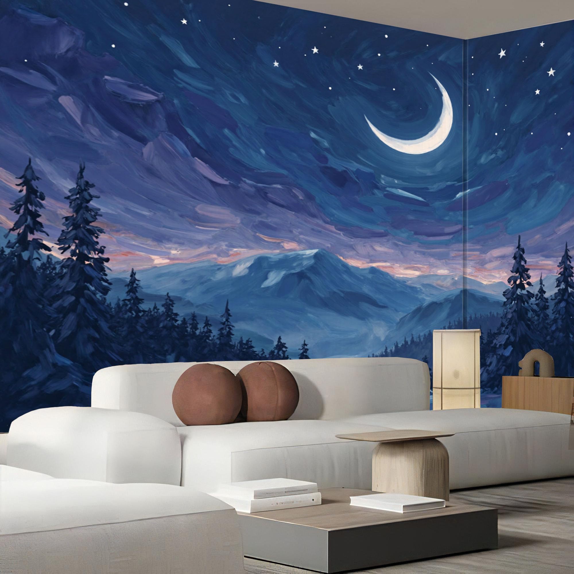 Papier peint panoramique bleu marine forêt étoilée 400x280 cm pour chambre et salon