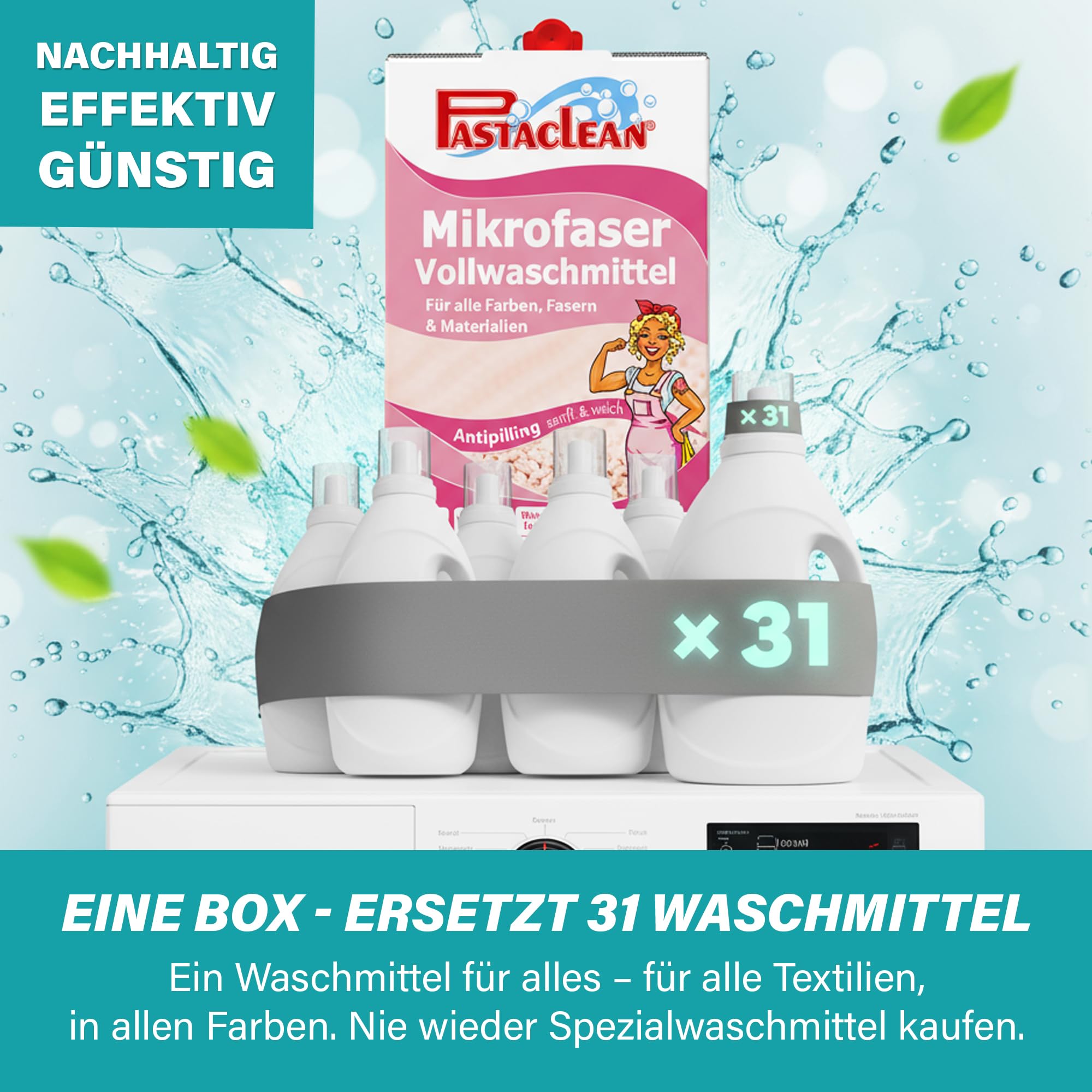 Pastaclean Mikrofaser Vollwaschmittel Konzentrat 5 L - Waschmittel Flüssig für Helle & Dunkle Wäsche - Universalwaschmittel XXL (15-95°C) 500 Waschladungen, nur 5 Cent pro Wäsche - Colorwaschmittel