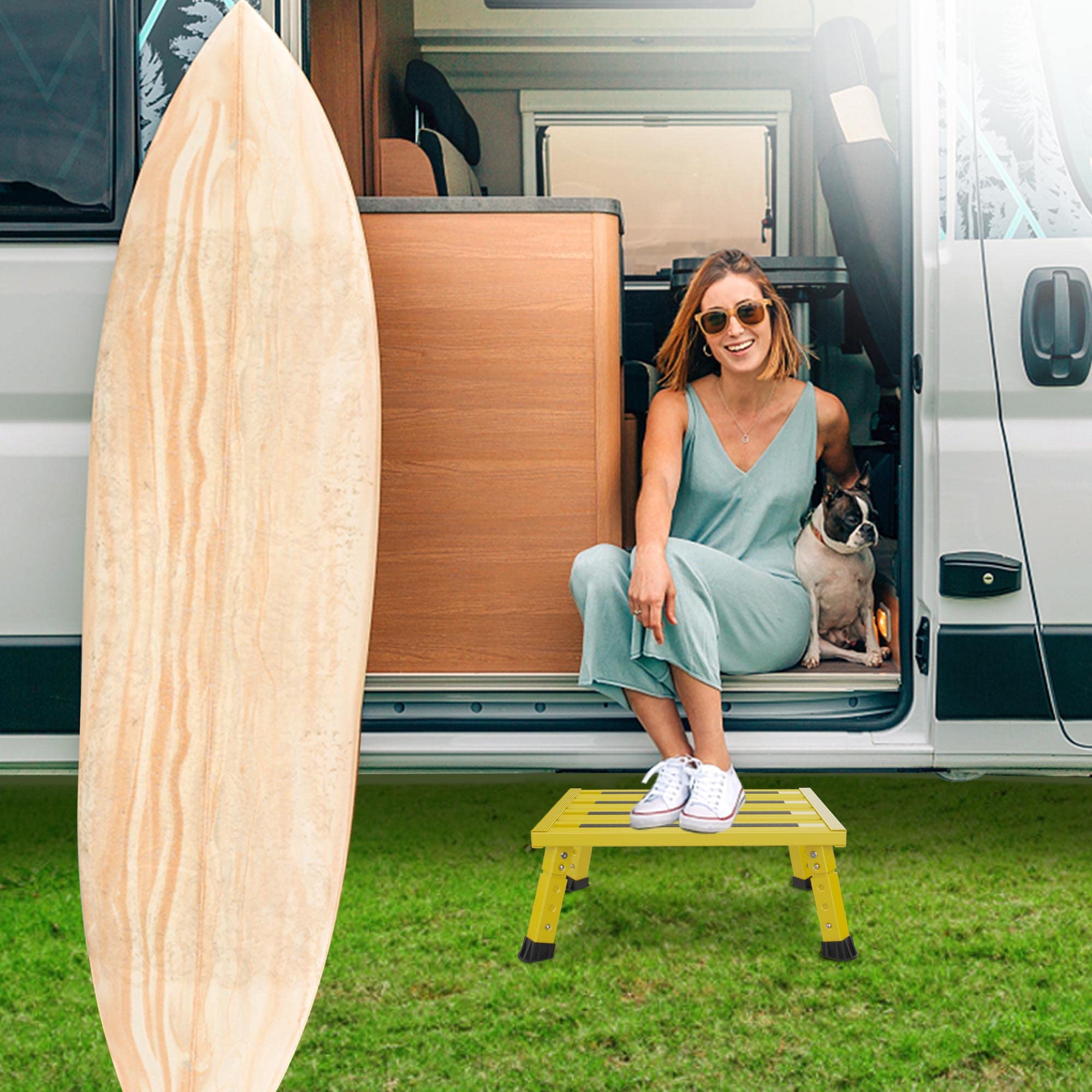 Marudina Scalino grande per camper con copertura in tessuto e superficie antiscivolo, altezza regolabile a 3 livelli, sgabello pieghevole in alluminio leggero, supporta fino a 0,5 kg, ideale per