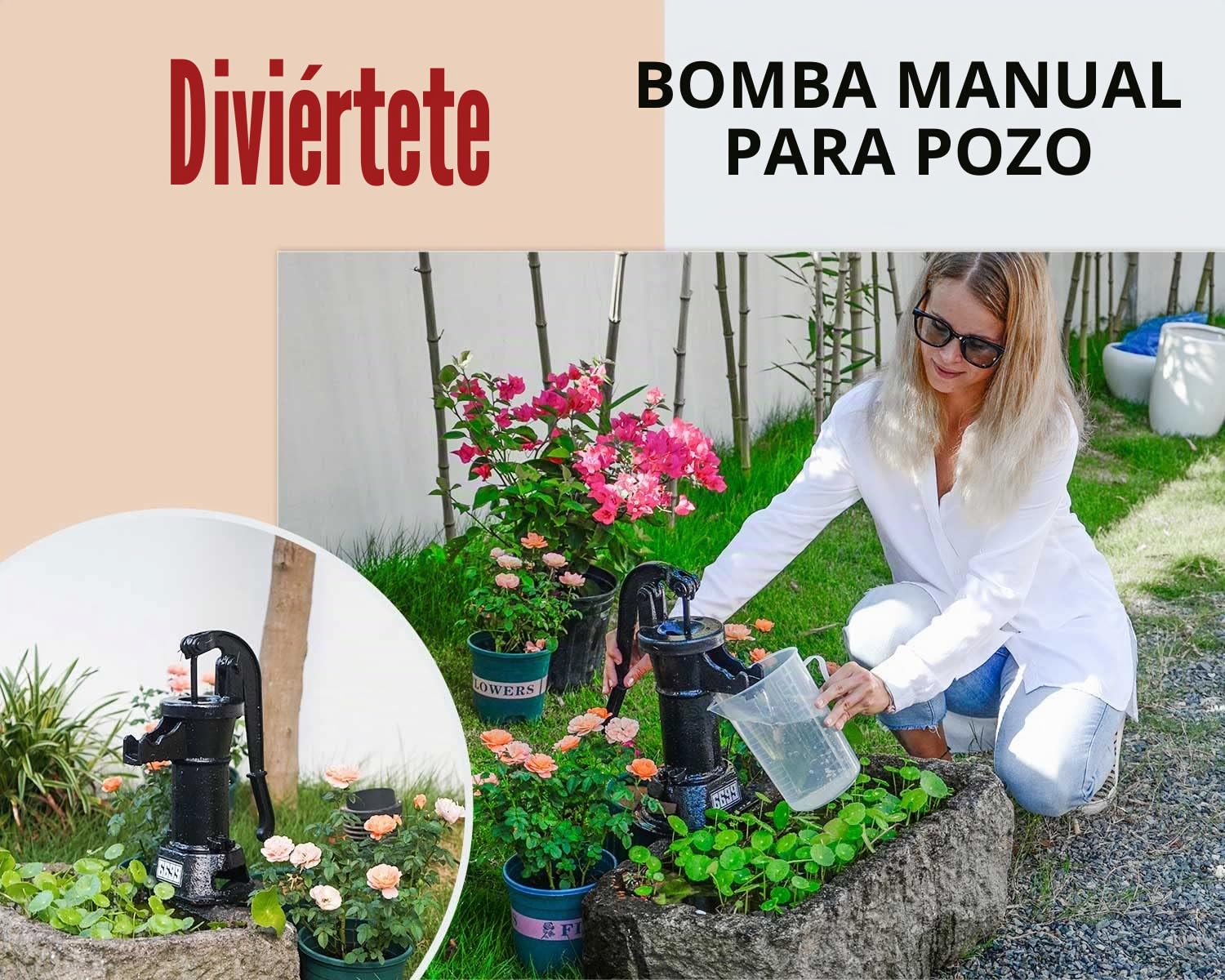 Bomba de jarra de hierro fundido duradera y manual antigua, bomba de succión de pozo, bomba de transferencia de agua, 25 pies, elevación máxima, fácil instalación para jardín, estanque, patios