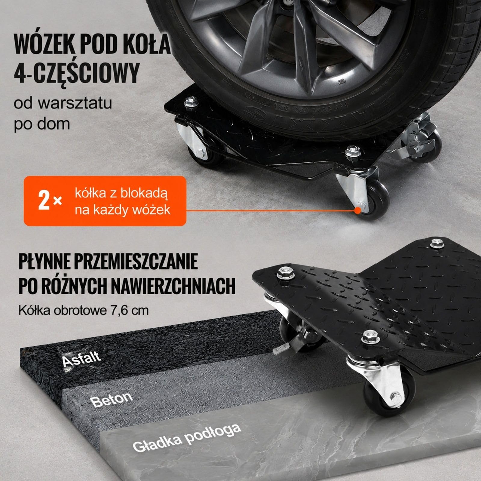 4-częściowy stalowy zestaw wózków pod koła, czarne rolki z kołami skrętnymi do samochodów, motocykli i pickupów