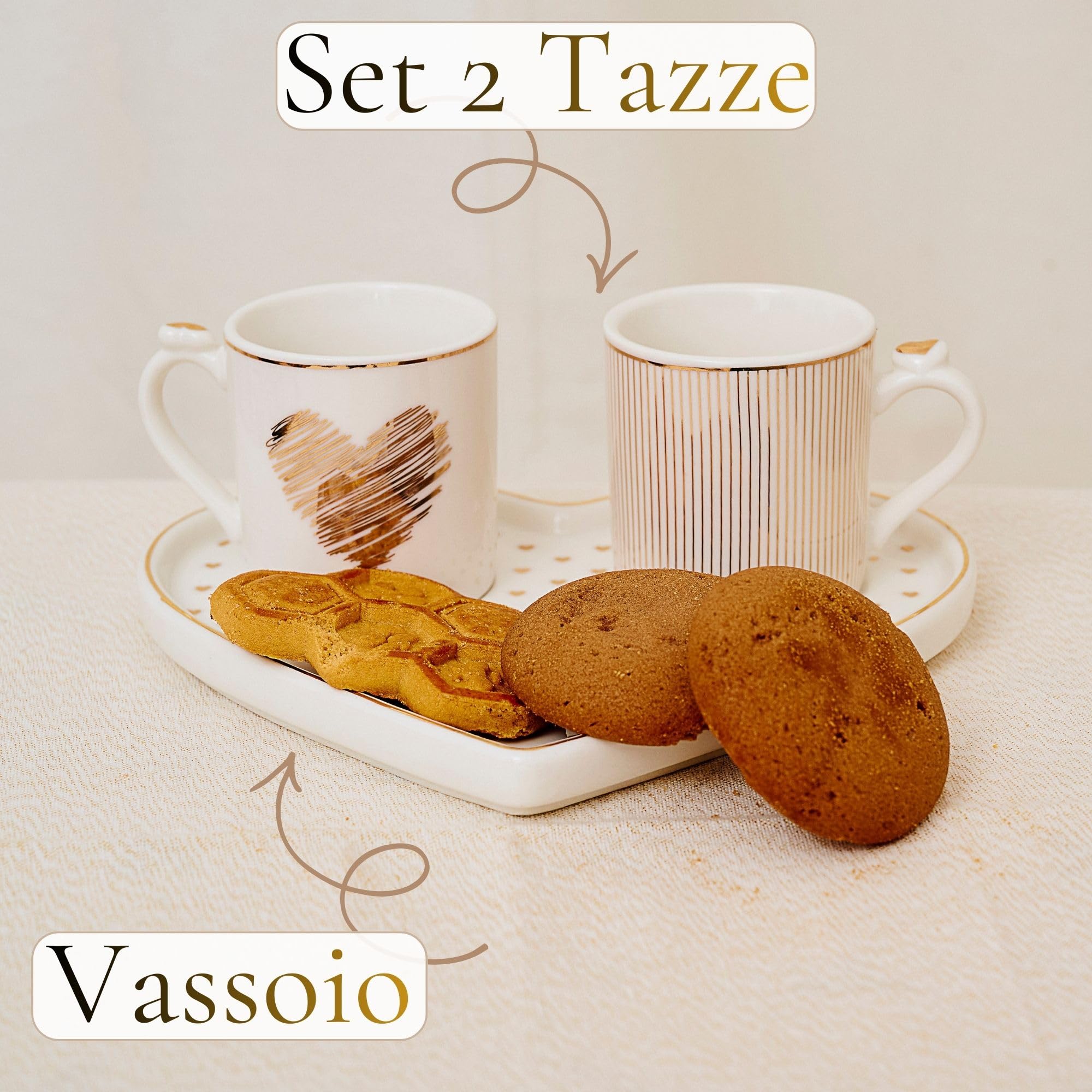 NAMAI - Set di 2 Tazzine Caffè con Vassoio a Forma di Cuore, 17,5x15,5x6h CM, New Bone China, Adatte in Lavastoviglie e Microonde, Regalo Coppia (Cuori)