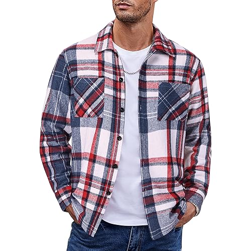COOFANDY Men's Flannel Shirts Casual Button Down Plaid Shirt Jacket Long Sleeve Fleece Shacket with Pockets