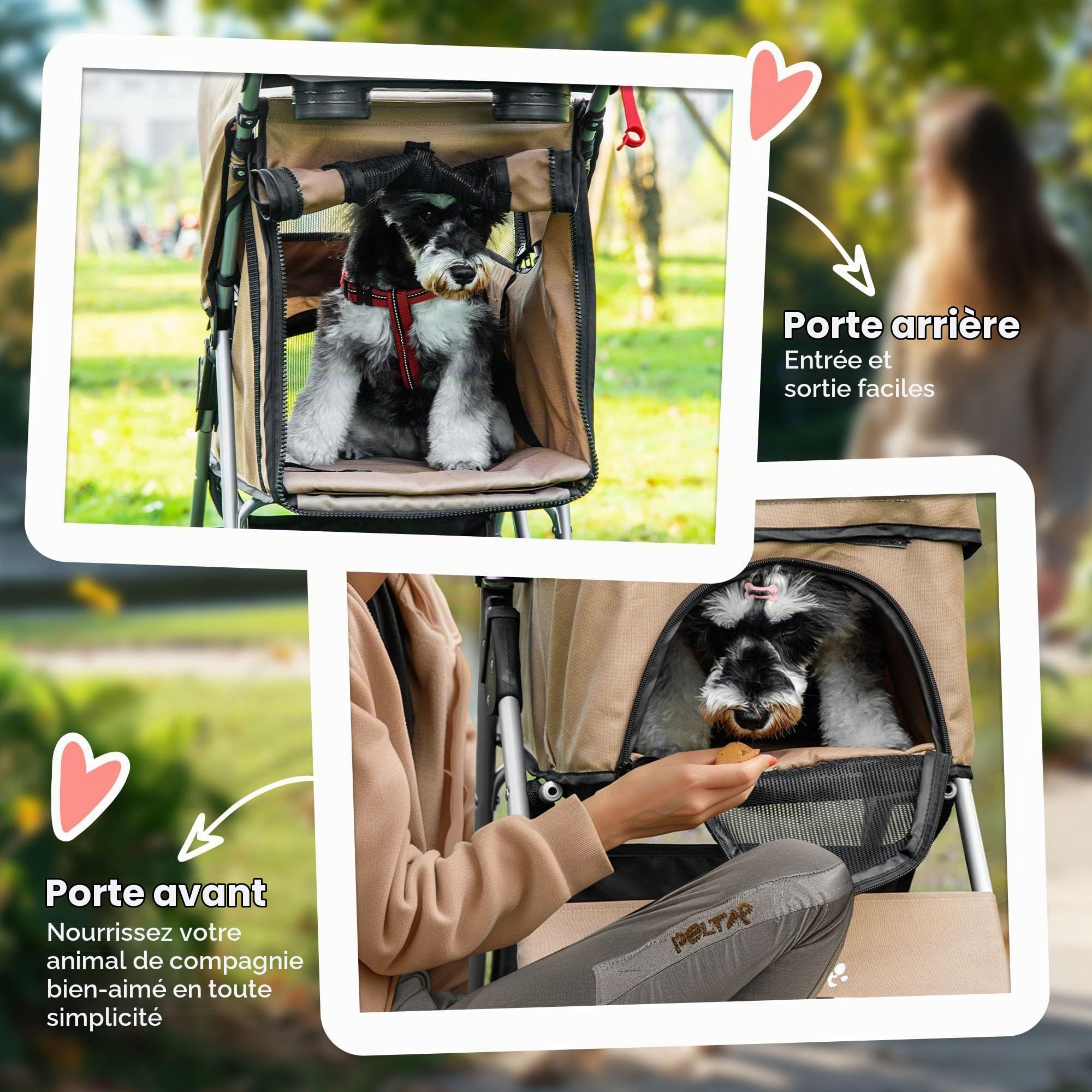 PawHut Poussette pliable chat chien XS/petits Café | Porte-gobelet, transporteur à 4 roues avec freins, roues avant pivotantes à 360°, panier de rangement
