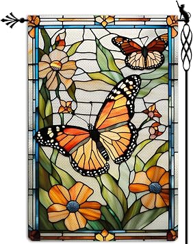 Spring Butterfly Garden Flag Stained Glass Style Spring Summer Floral Flowers Garden Flag Vertical Double Sided Rustic Farmland Burlap Yard Lawn Outdoor Decor 12.5x18"