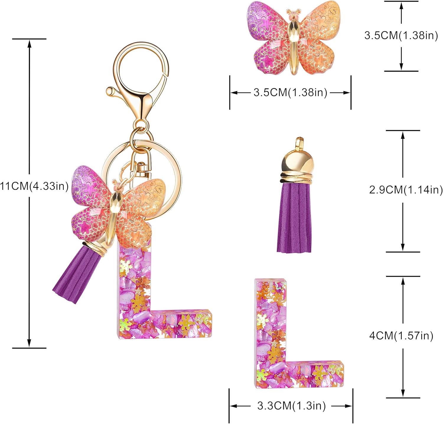 Fashion Alphabet Initial Letter Keychain Tassel Butterfly Pendant Key Ring for Purse Handbags Women Girl