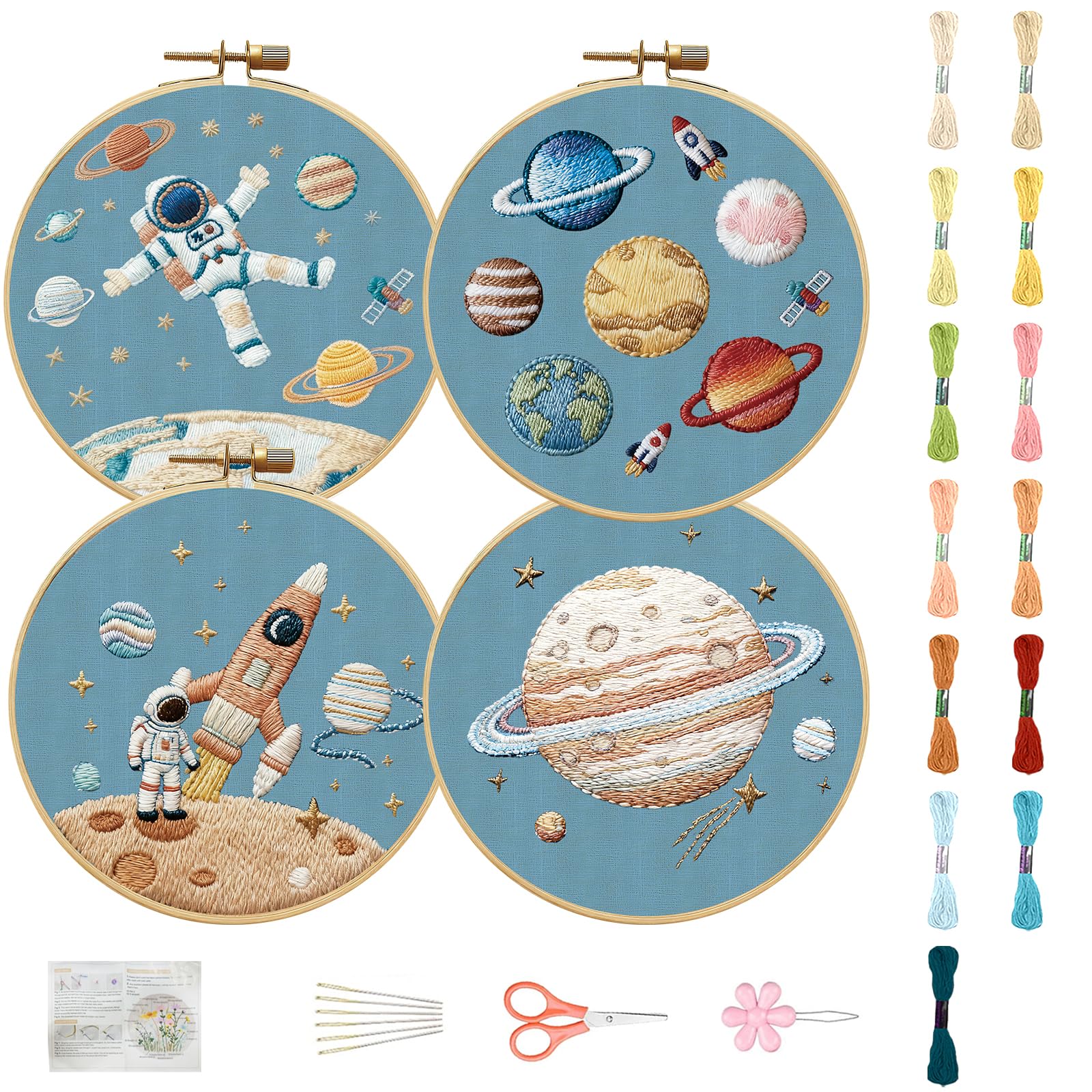 FREEBLOSS 4 Stickset Für Anfänger Und Erwachsene Mit Astronautenmotiv Inklusive Anleitung 11.6"/29.5cm Sticknadeln Zubehör Und Stickmaterialien. 4 Reifen