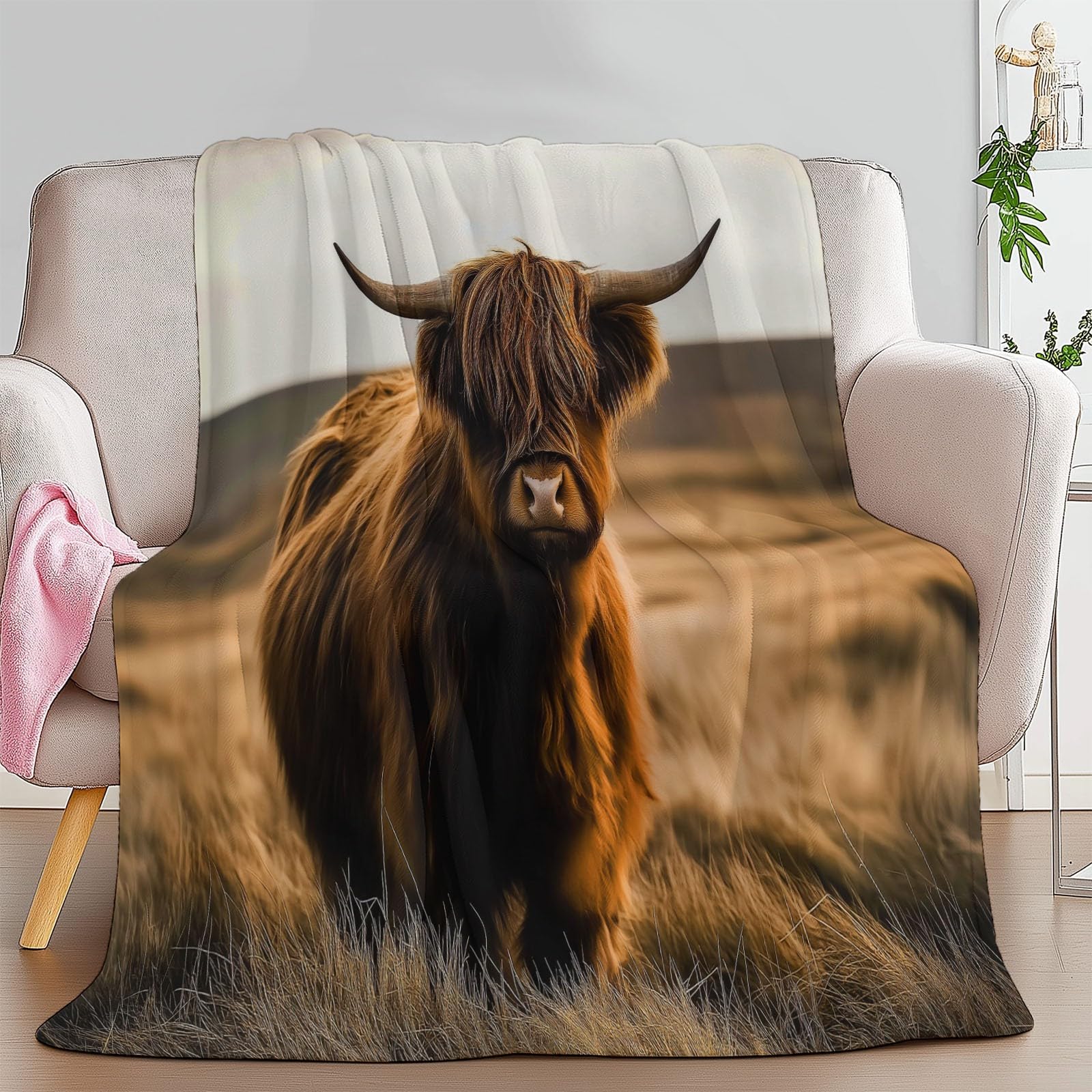 Koc 200 x 200 cm szkocki bydło góralskie gruby ciepły koc sherpa, miękki i puszysty flanelowy koc khaki, narzuta na sofę do spania w biurze