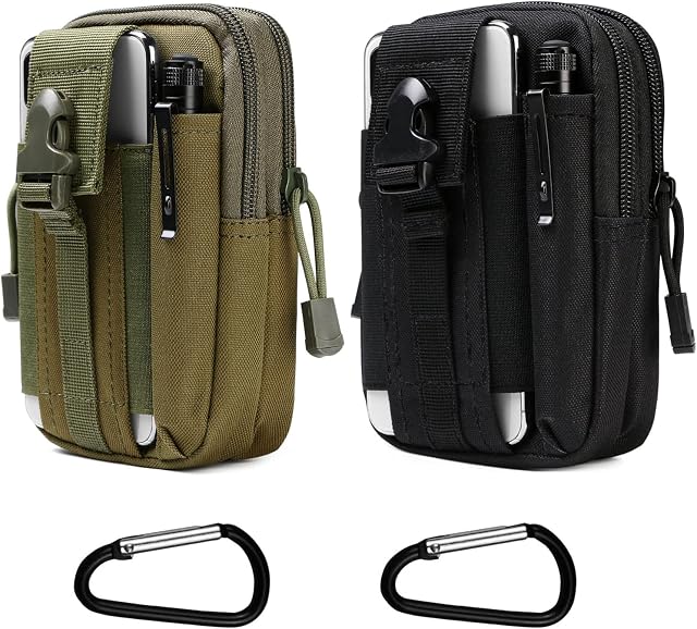 Flintronic Tactical Waist Bags, 2 Packs Universal Outdoor Waist Bag Molle EDC Pouch with Outdoor Hook, Utility Gadget Waist Bag for Sports, Hiking, Camping, Traveling - Black & Green