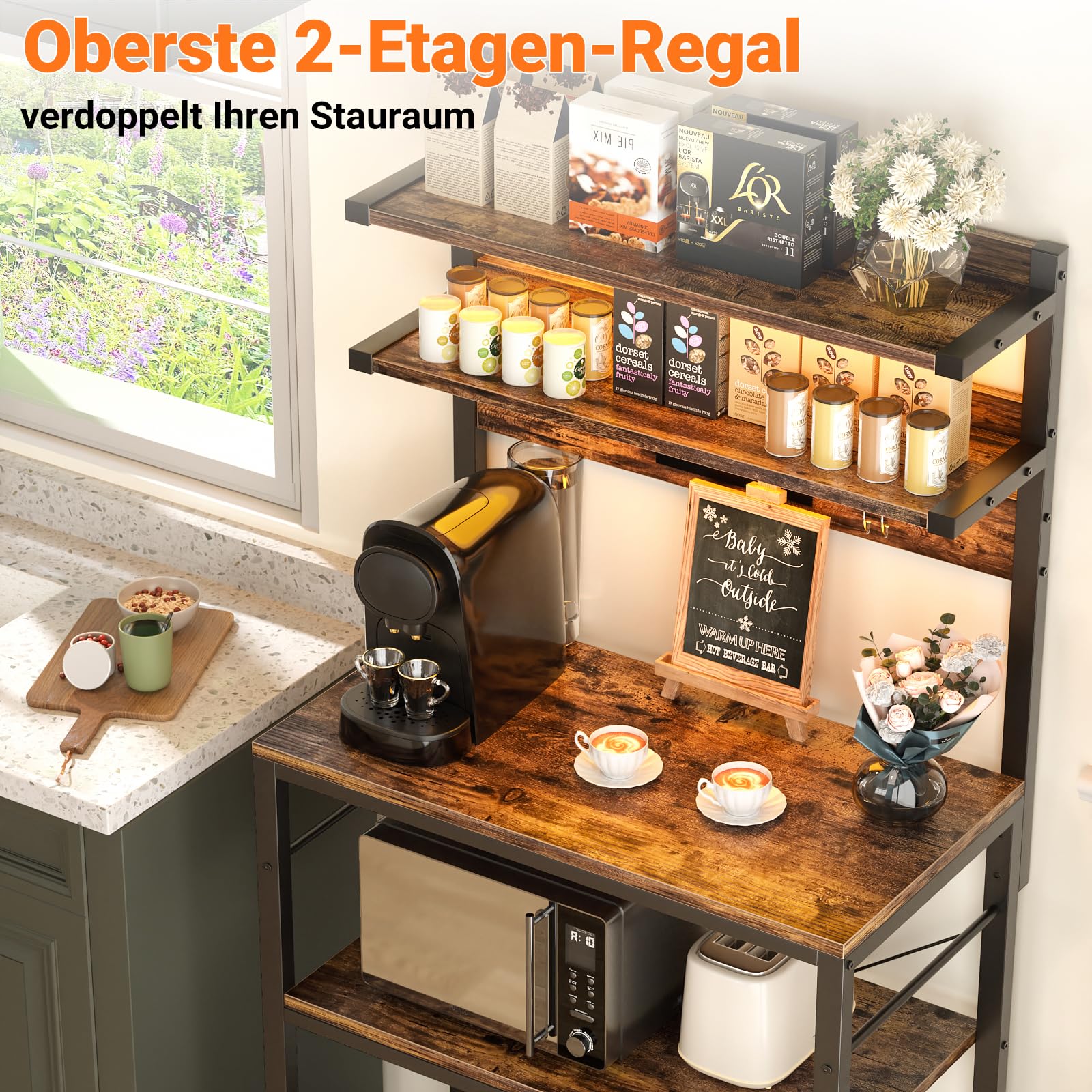 iSunirm Bäckerregal mit Steckdose, Mikrowellenständer, 5-stufige Kaffeebarstation mit LED-Leuchten, Küchenregal mit 6 S-förmigen Haken, Küchenregal für Gewürze, Töpfe und Pfannen, Rustikales Braun
