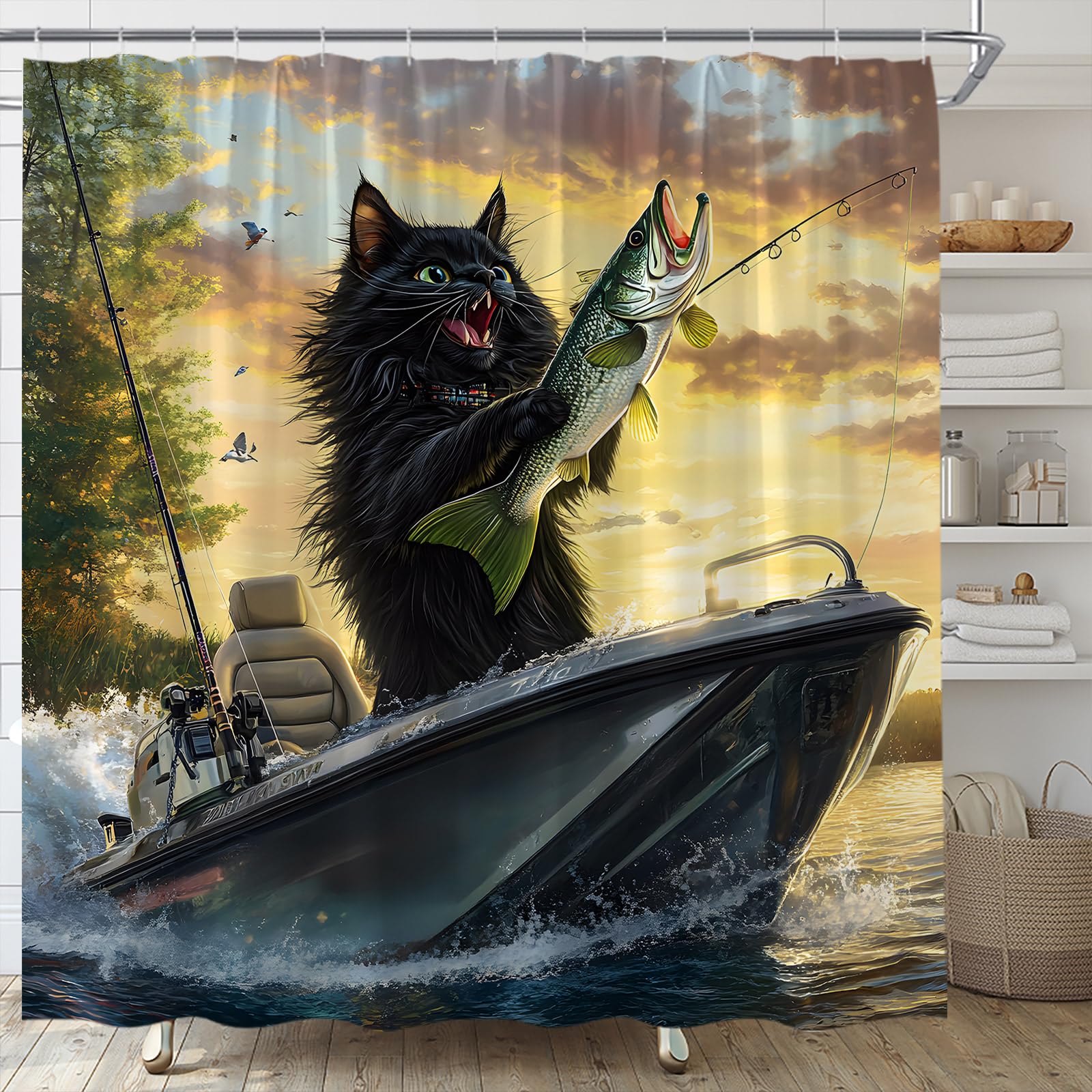 YSATNSFT Black Cat Shower Curtain Funny Cute Cat Fishing Fish Rustic Cabin Lodge Camp Lake Fabric Bathroom Decor Set with Hooks,(70" WX70 H)