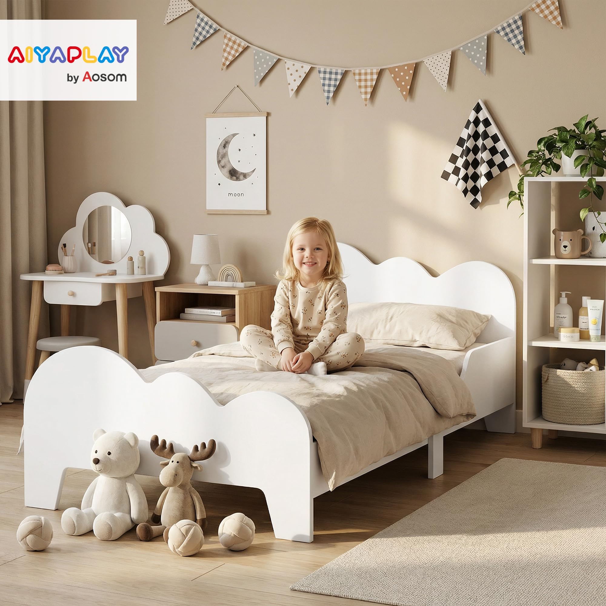 AIYAPLAY Cama para Niños de +3 Años 140x70 cm Estructura de Cama Infantil Tema de Nubes con Barandilla para Dormitorio Blanco