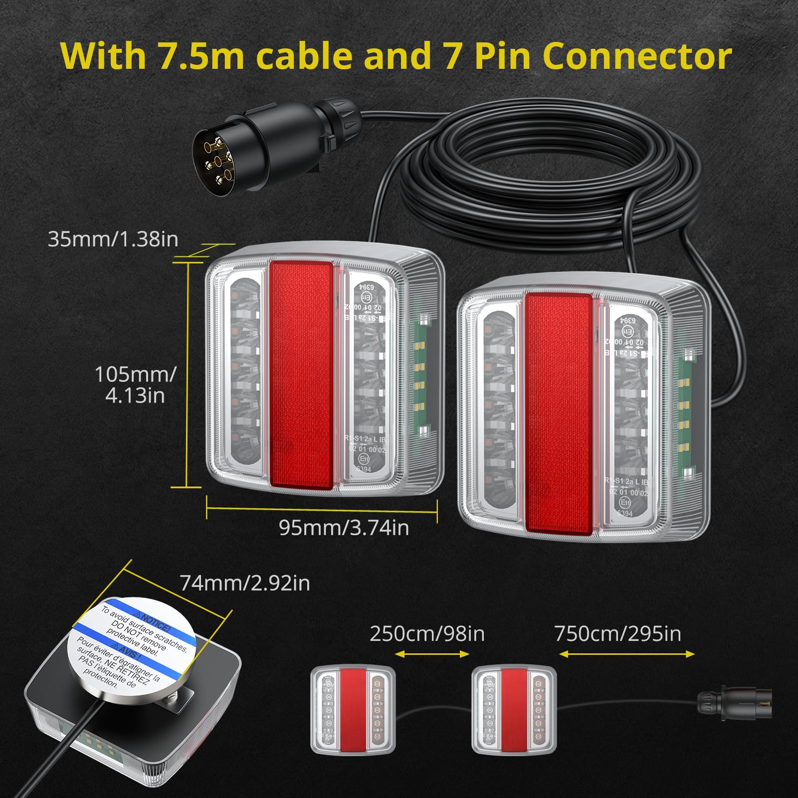 PROZOR Magnetyczne światła do przyczepy 18 LED - Tylne światła z 7-pinową wtyczką i kablem 7,5m/24,6ft, wodoszczelne IP65, magnetyczny montaż, światło wskaźnika hamowania, tylne światło do przyczepy