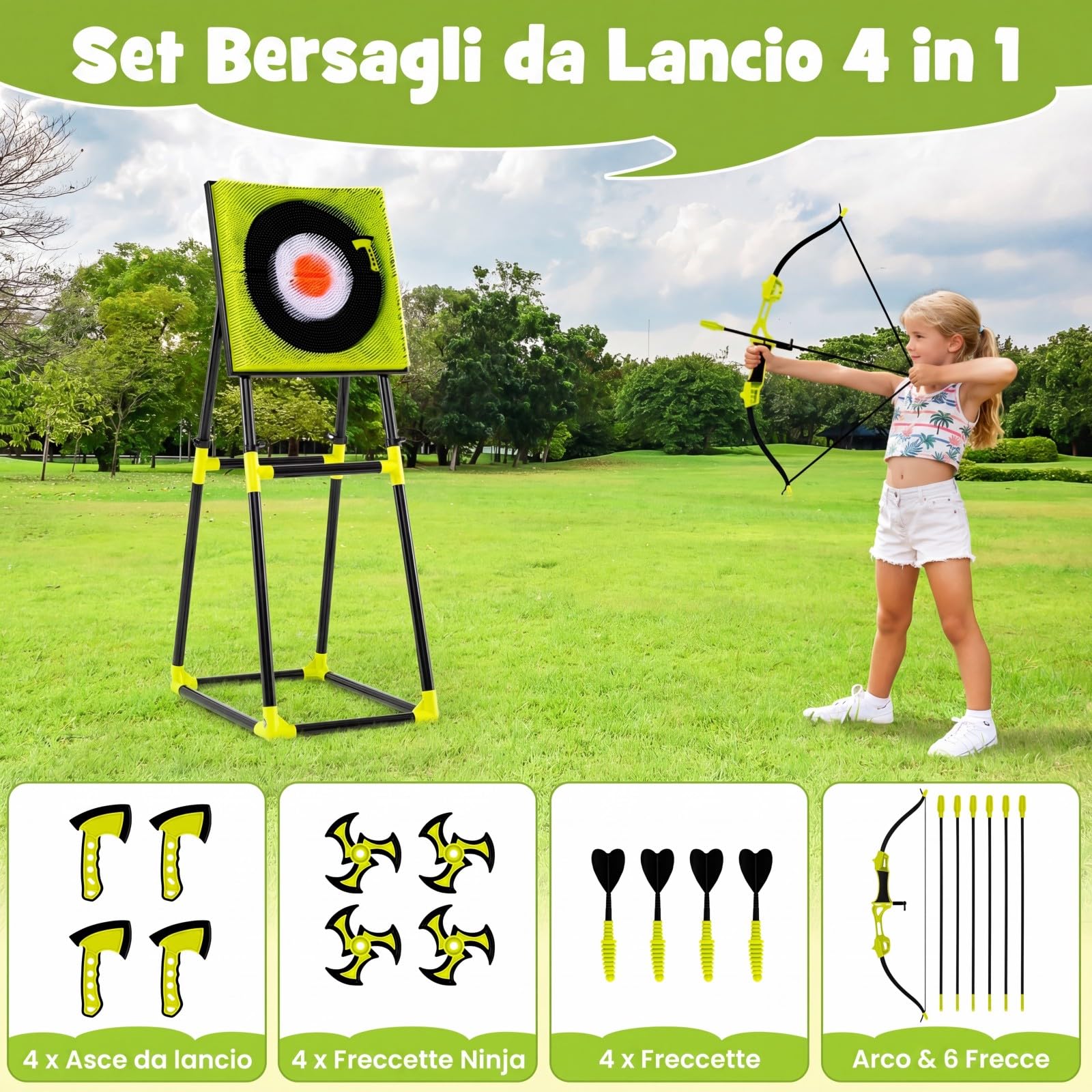 COSTWAY 4 in 1 Set di Arco e Frecce per Bambini | Set da Gioco con Asce da Lancio, Freccette , Freccia, Arco e Bersaglio, da Interno ed Esterno