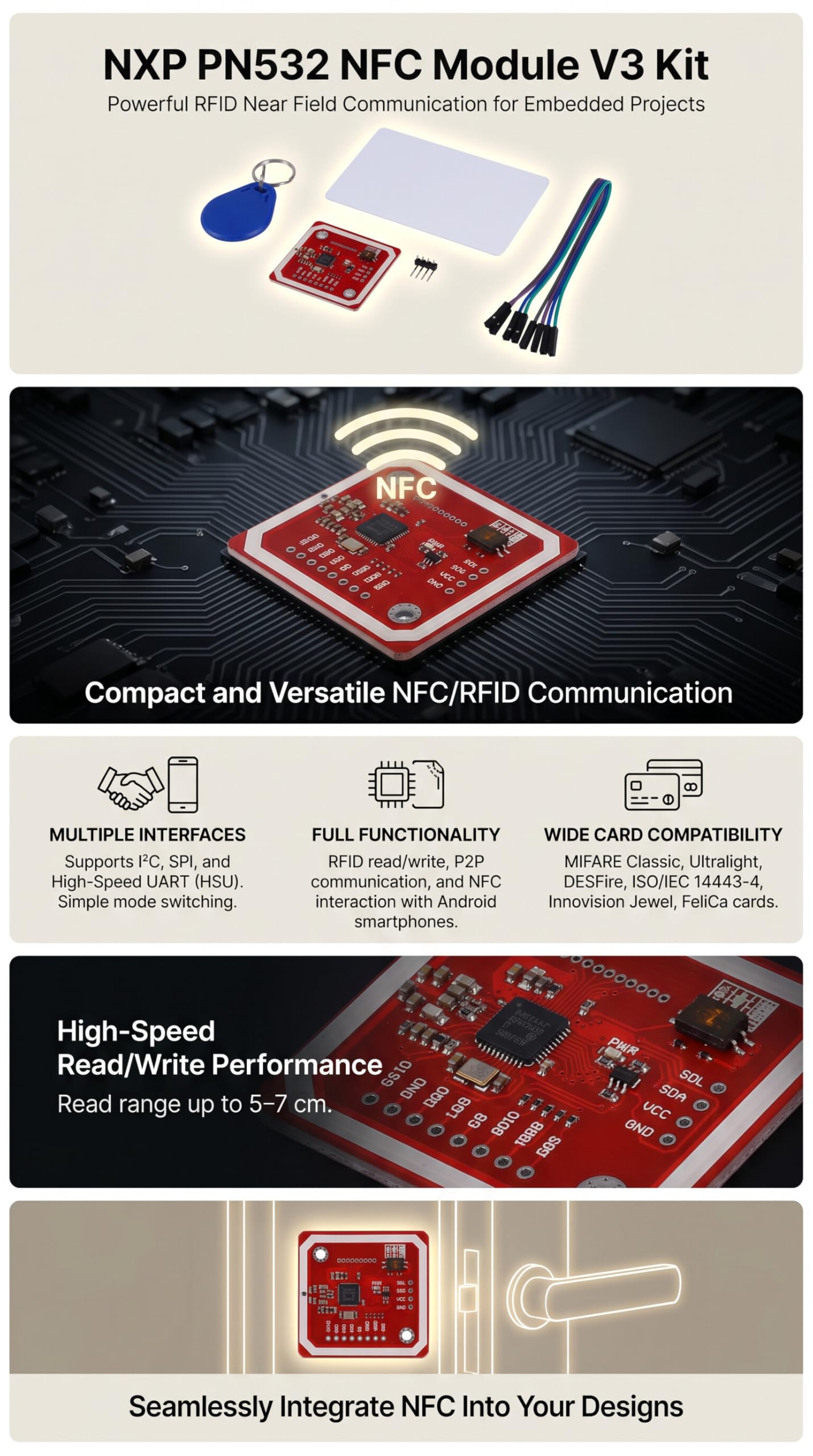 Zestaw PN532 NFC Moduł V3 z Interfejsem I2C SPI UART dla Czytania i Pisywania Karty, Obsługa ISO14443 4K Felica dla Projektów Elektronicznych, Systemów Kontroli Dostępu, Prototypowania w Edukacji