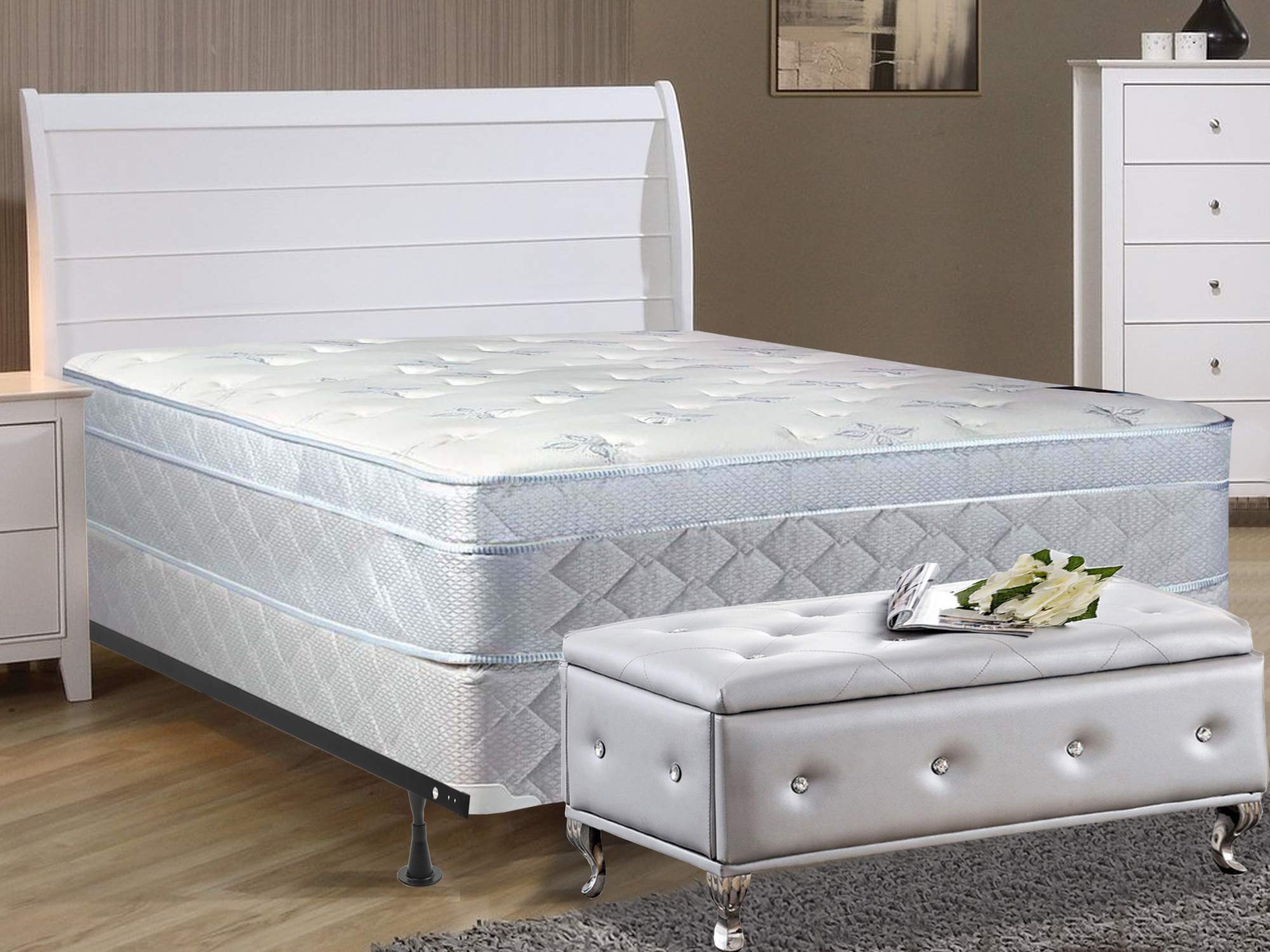 10-Inch Plush Foam Encased Hybrid Eurotop Innerspring Mattress and 8" Wood Boxspring/Foundation Set, With Frame, Full