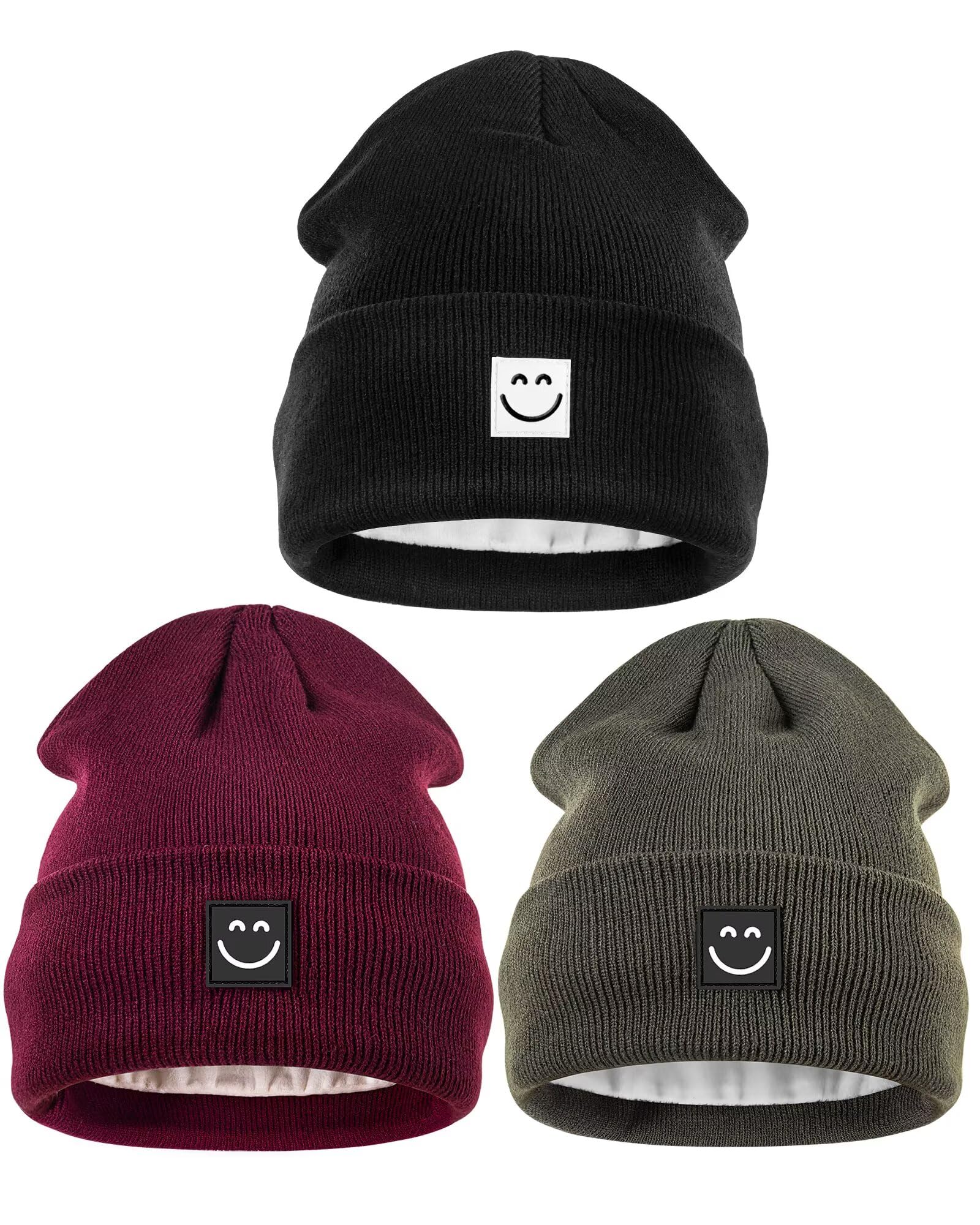 Hispeka Winter Beanie Hats for Women Men 3Pack Fleece Lined Winter Hats with Smiley Face Warm Cute Beanie