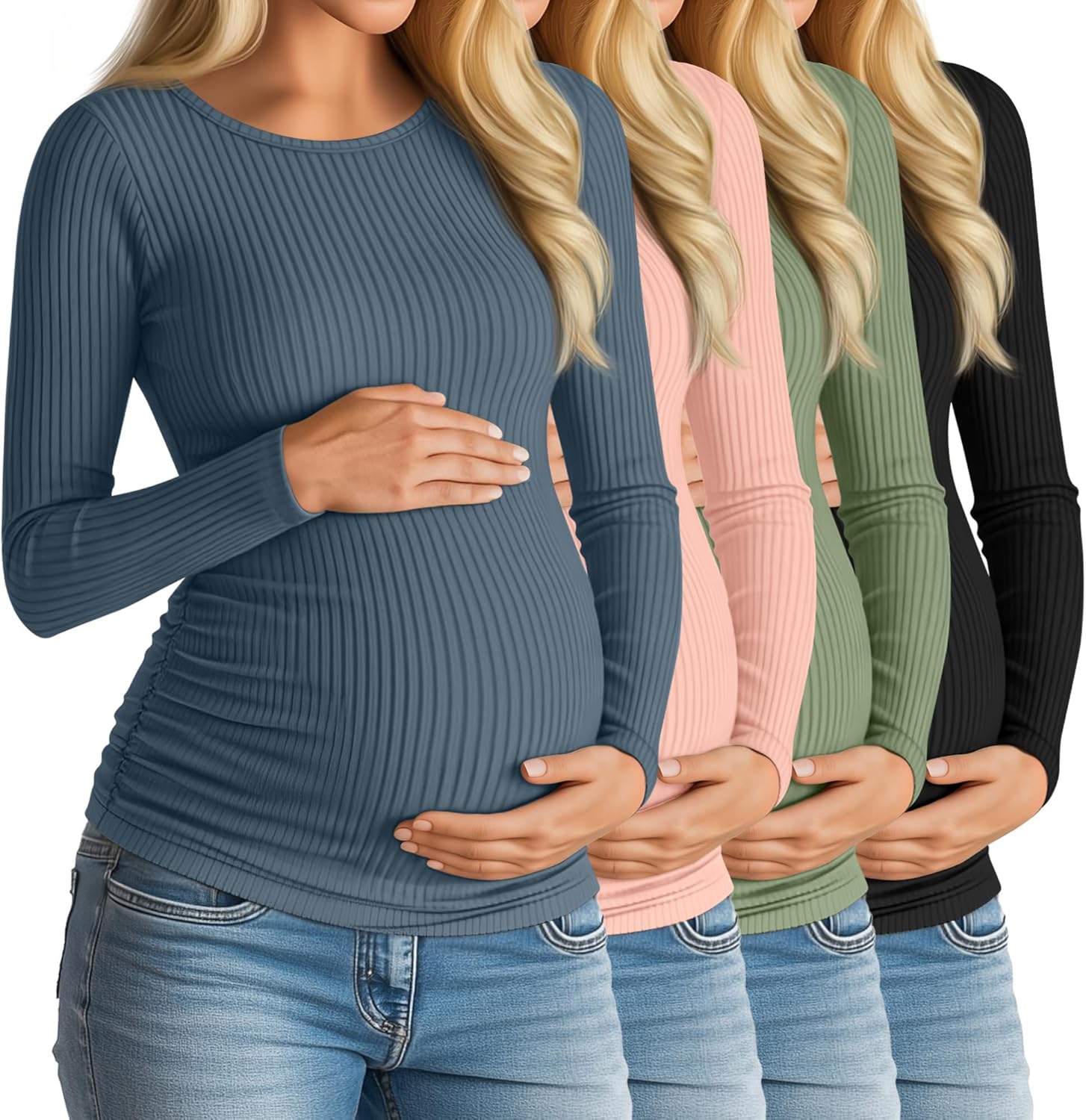 Huukeay 4 Pack Women's Maternity Shirts, Long Sleeve Cotton Ribbed Pregnancy Tops Side Ruched Crew Neck Casual Mama Clothes