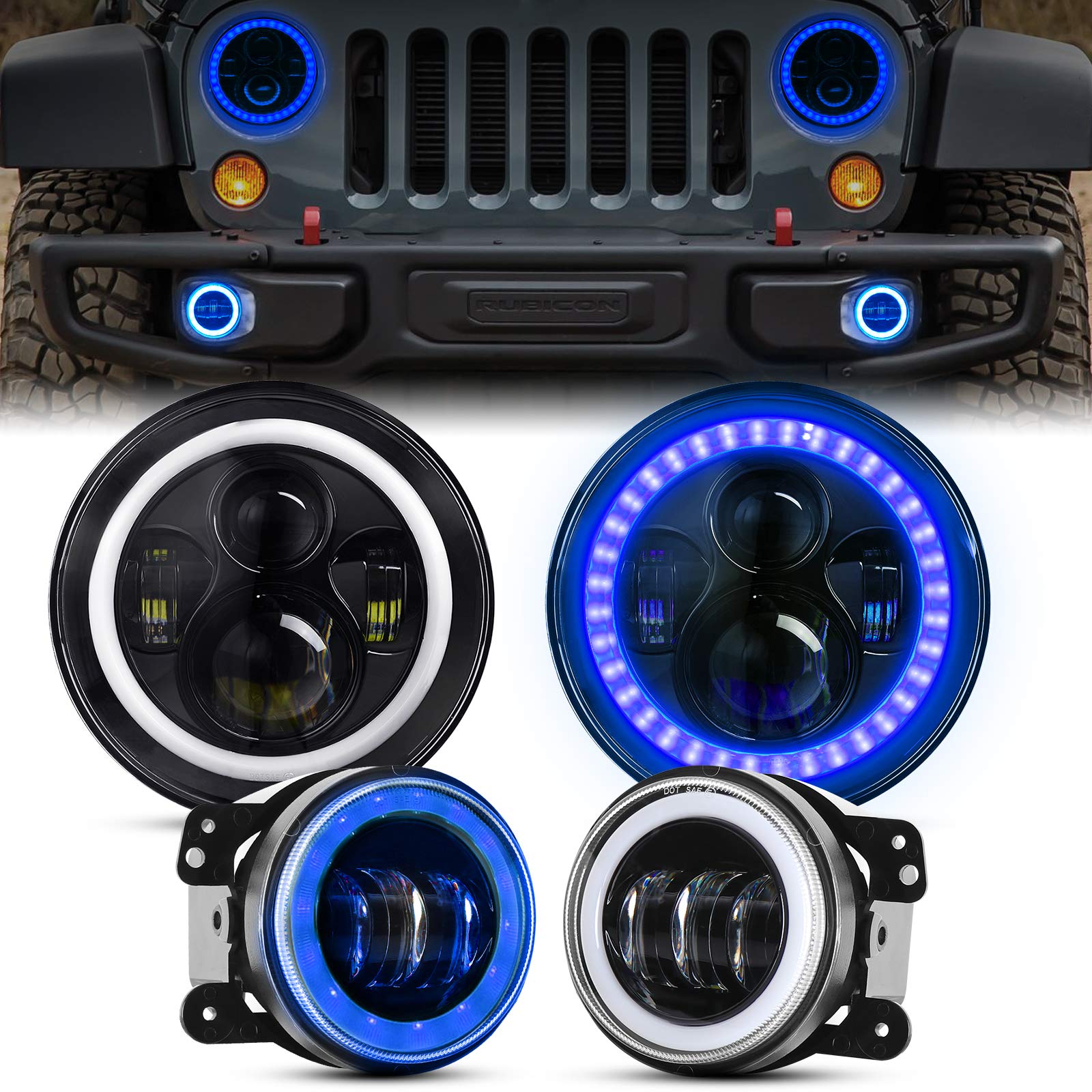 YEEGO DIRECT 7 Inch Halo LED Headlight with 4 Inch Fog Light,Blue DRL Amber Turn Signal Light DOT Approved led Headlamps For Wrangler 1997-2017 JK TJ LJ CJ Halo Headlights (Blue)