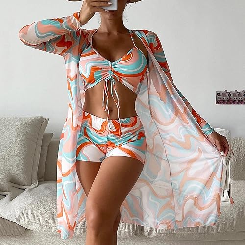 Miniatura 2 de Traje de baño para mujer conjunto de traje de baño de 3 piezas con cordón conjunto de bikini de manga larga UPF para cubrir conjunto de traje de