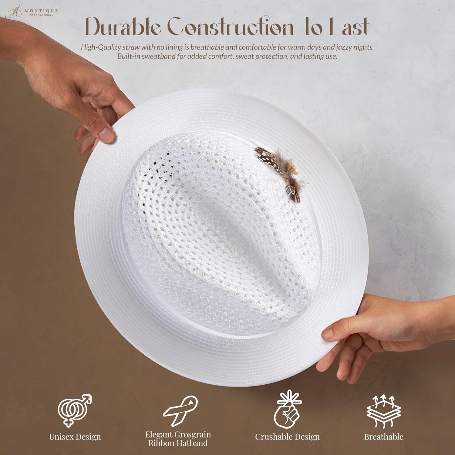 MONTIQUE Braided Pinch Fedora Hat for Men | Lightweight Polyester Summer Panama Hat Trendy Design | H-24