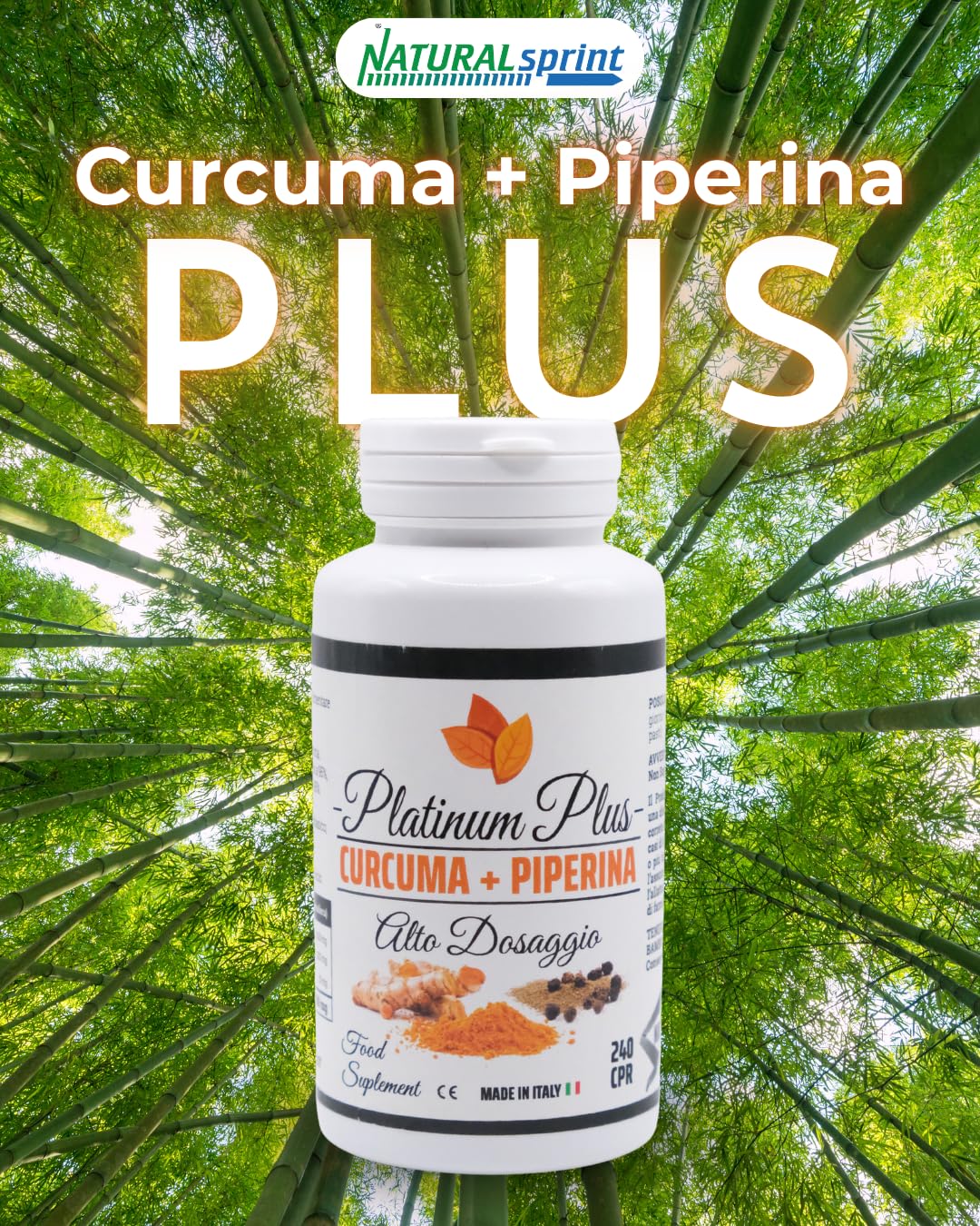 Curcuma + Piperina Platinum Plus - Curcumina Titolata ad Alto Dosaggio – 240 Compresse Naturali Made in Italy per il benessere quotidiano