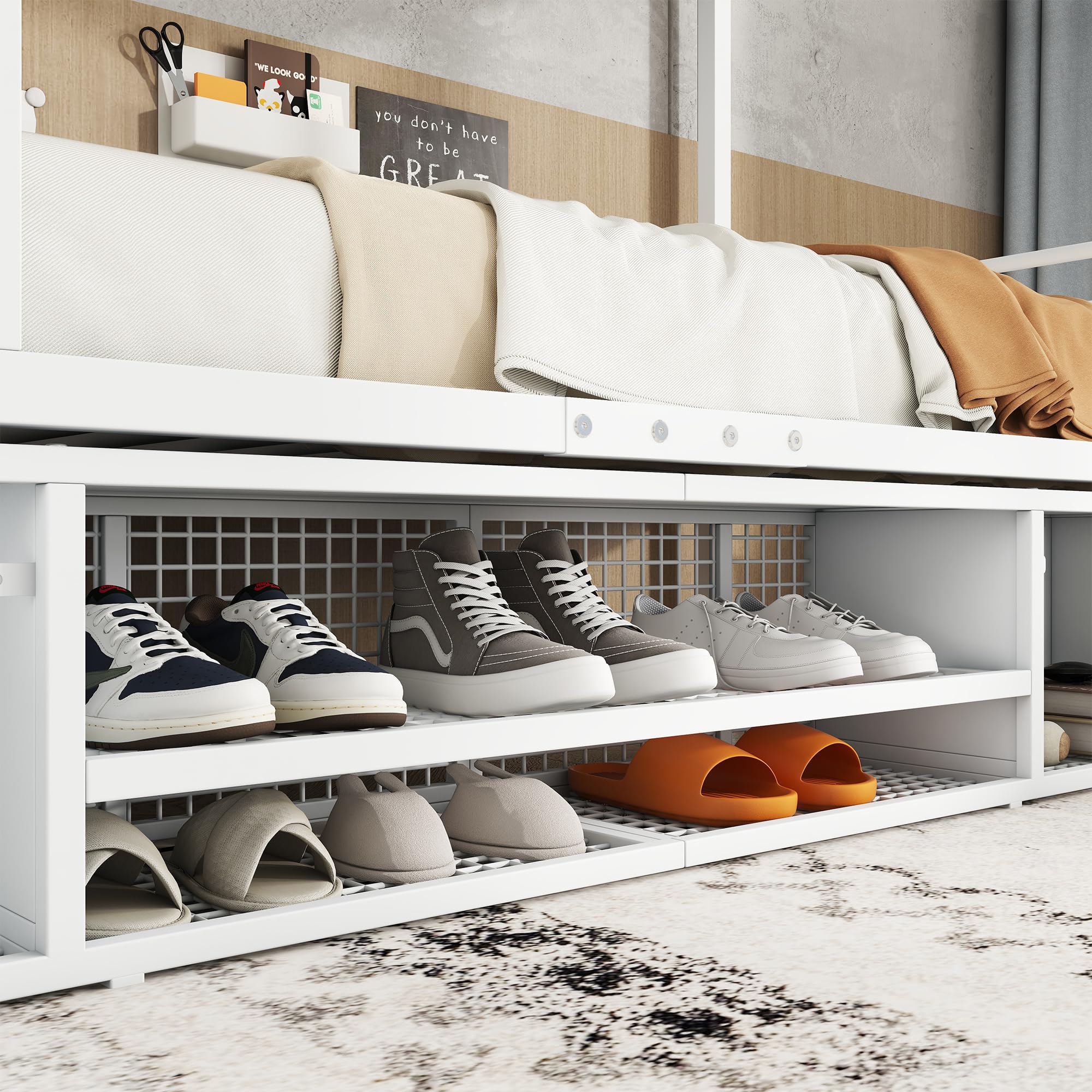 Litera de 90x200 cm con Zapatero Abierto y 2 Armarios, Literas Cama Infantil con Escalera y Protección Anticaída, Literas Infantiles Juveniles, Somier Metálico, Sin Colchón, Blanco