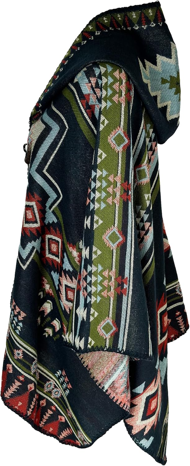 CATCHY & CRAFTY Poncho for Women Shawl Wrap Ruana Cardigan Hooded Cape Western Aztec - Image 2