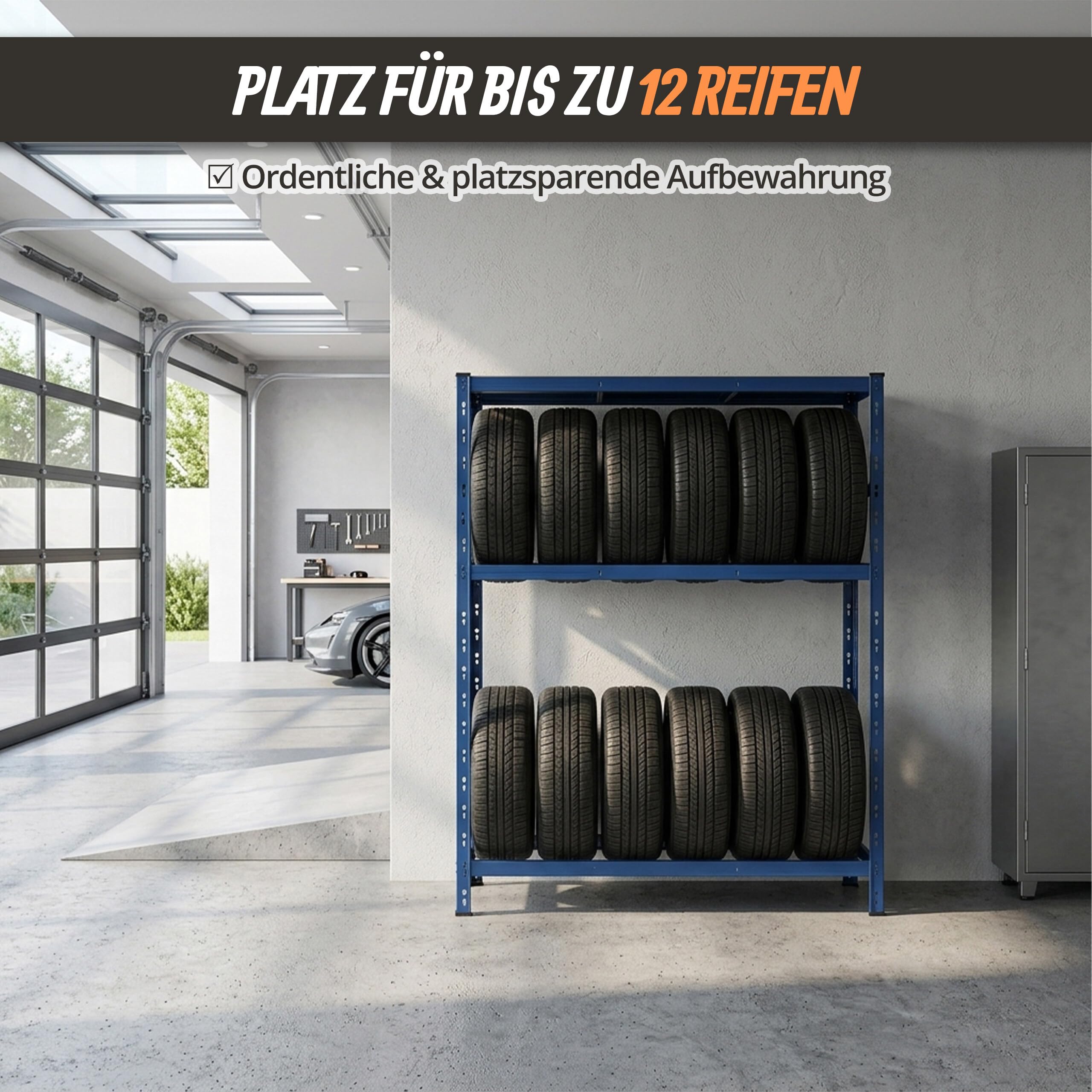 Relaxdays Reifenregal für 12 Reifen, HxBxT 180 x 120 x 40 cm, 450 kg, Stahl, Stecksystem, Reifenlager Werkstatt, blau