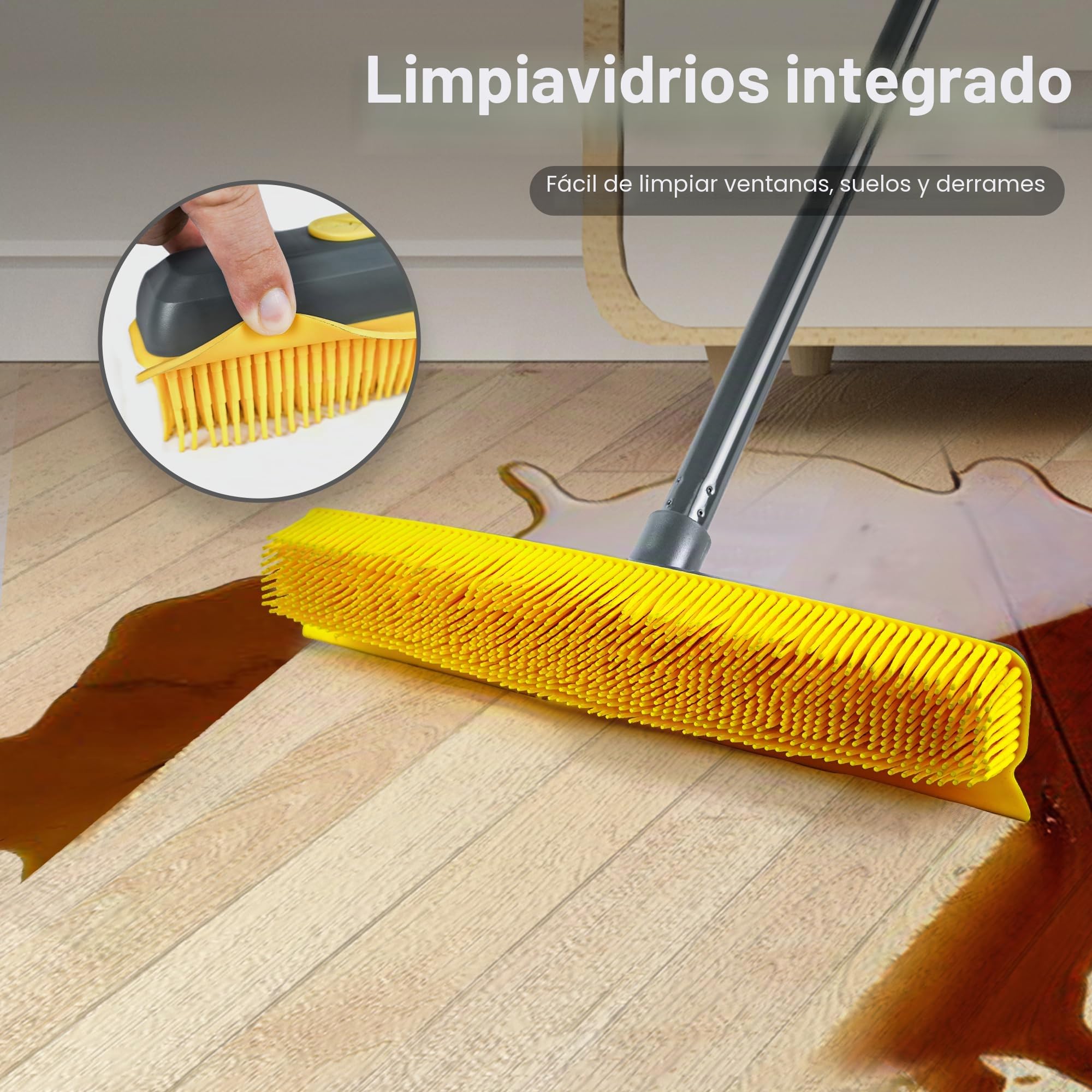 NEWE Escoba de Goma con Removedor de Pelusa Portátil y Rascador Silicona para, 146 cm Mango Cepillo Rastrillo para Limpiar Alfombras, Ventanas, Azulejos