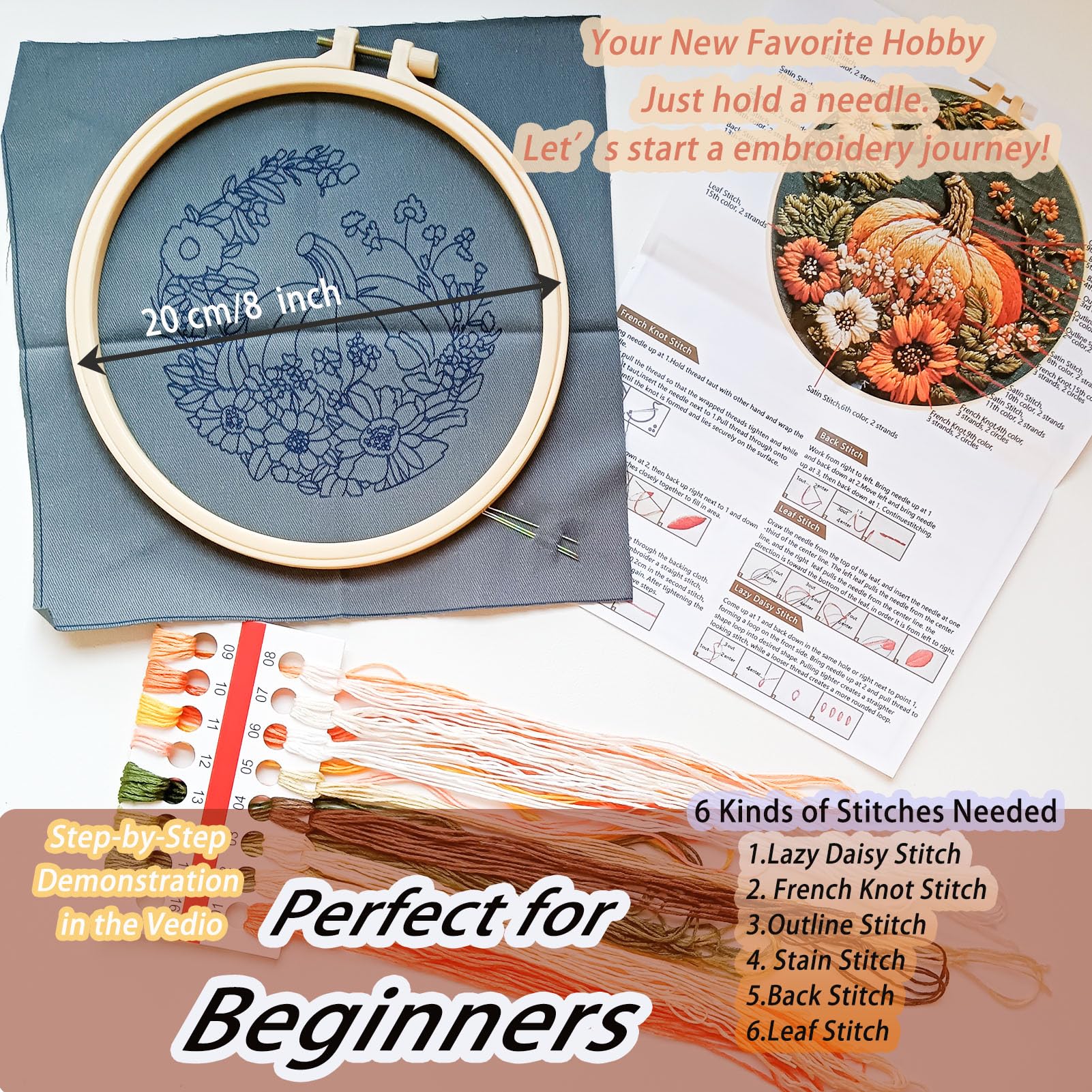 Amazon.com: FONNUY Pumpkin Embroidery Kit for Beginners, Pre