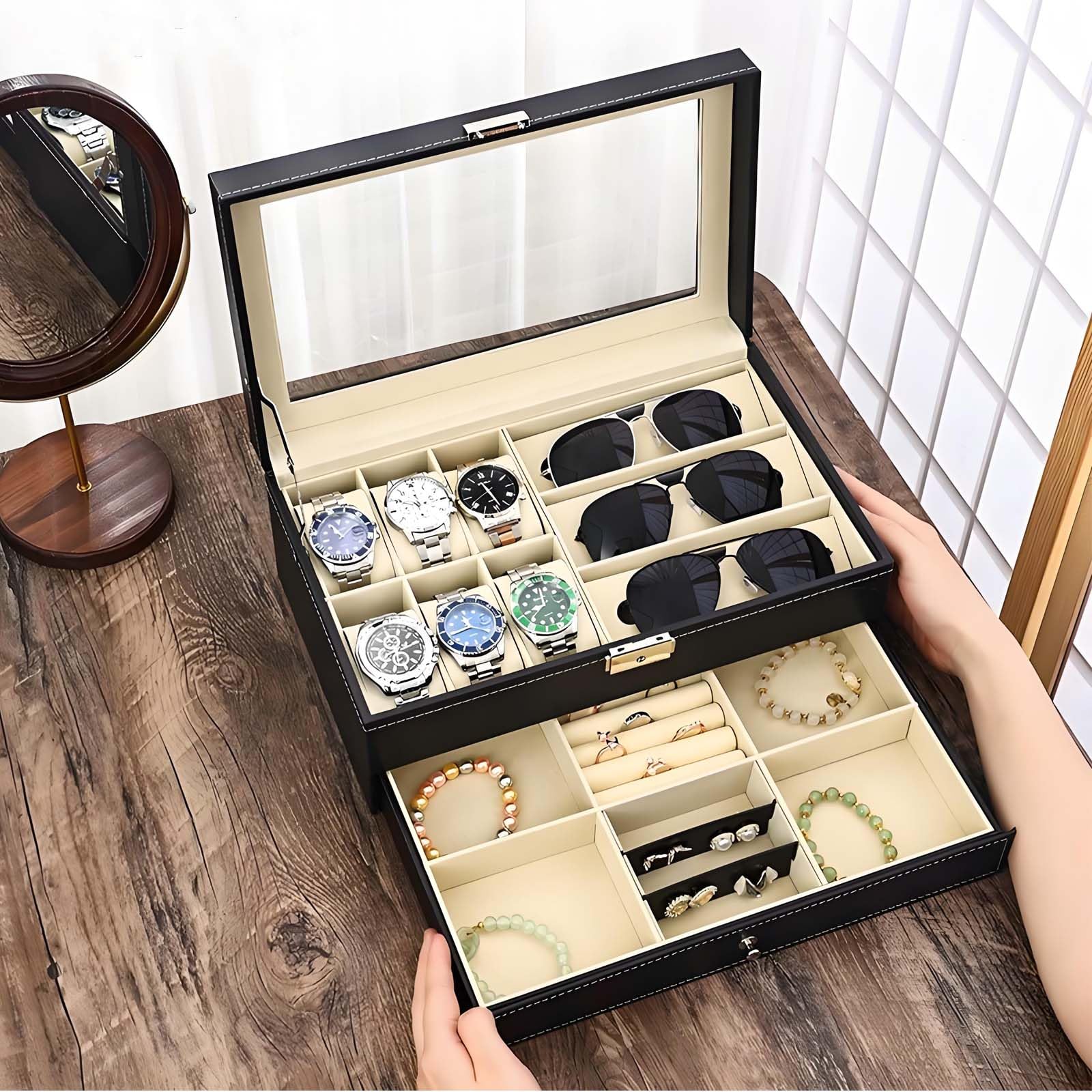 Boite Montre avec 6 Porte Montres, Coffret Montre Homme, Boite à Bijoux, Rangement Lunette de Soleil, Rangement Montres, Lunettes de Soleil, Bijoux et Accessoires