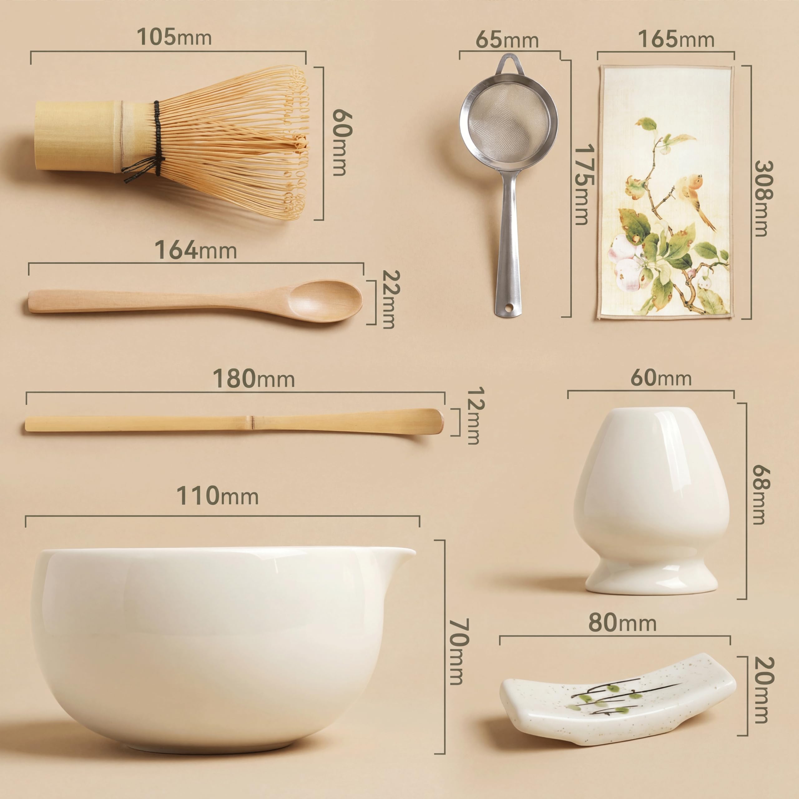 Set de Matcha Beige 8 Piezas – Juego Premium con Cuenco con Vértice, Batidor de Bambú (Chasen), Cuchara y Colador – Regalo Original para Matcha Latte
