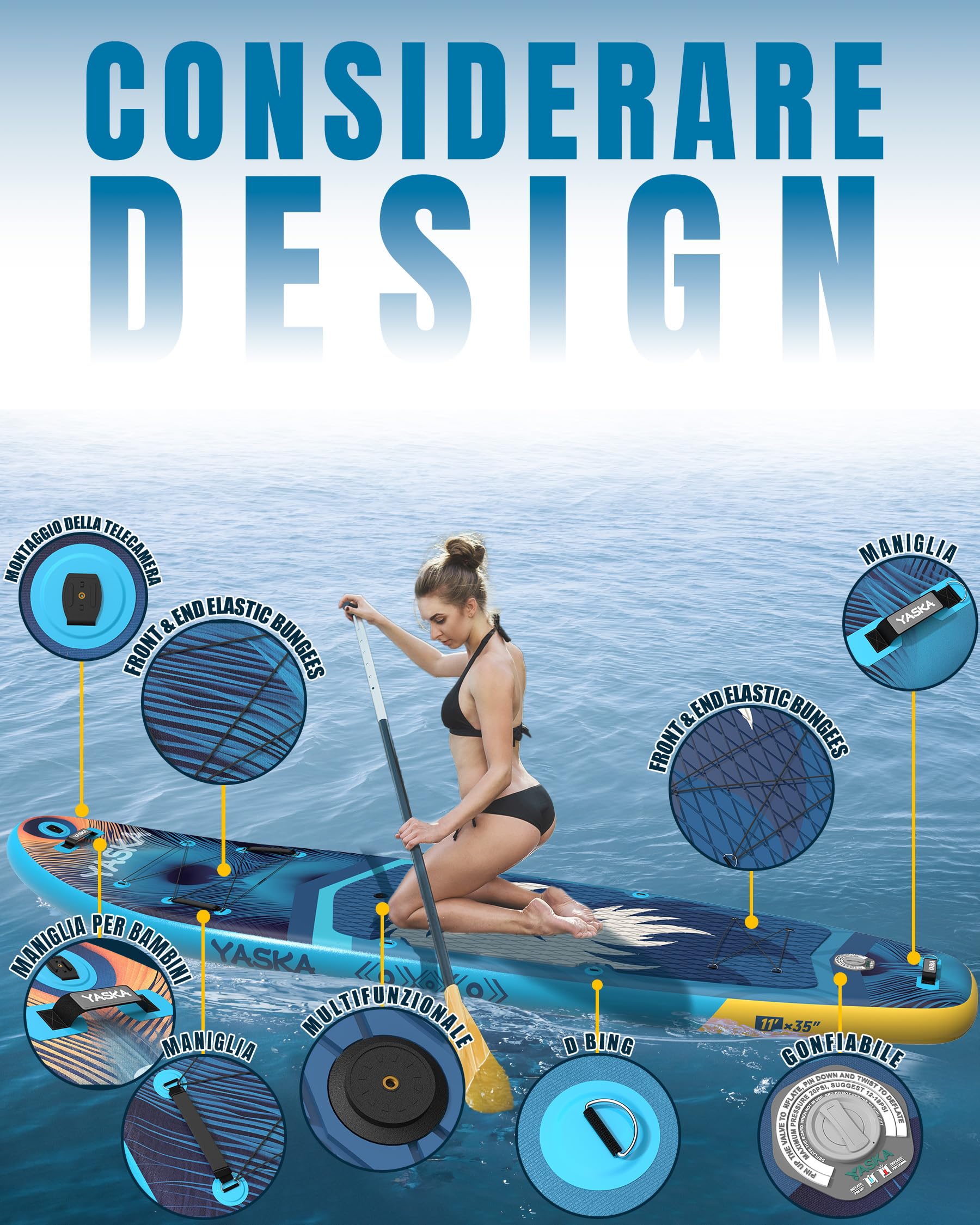 YASKA Tavola SUP Gonfiabile - 335 * 88cm Tavola da Paddle, Stand Up Paddle Board Adulti con Accesorios, Pagaia, Pompa, Pinne, Leash, Kit di Riparazione e Borsa