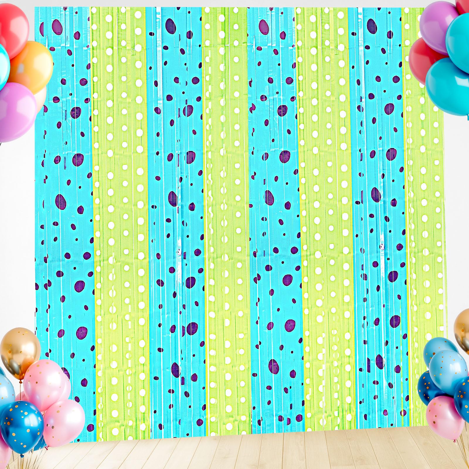 Tingjoo 5 Pack 3.3ft x 6.6ft Monsters Birthday Party Decorations, Green Blue Purple Tinsel Foil Fringe Curtain Inc Little Monster Theme Party Supplies