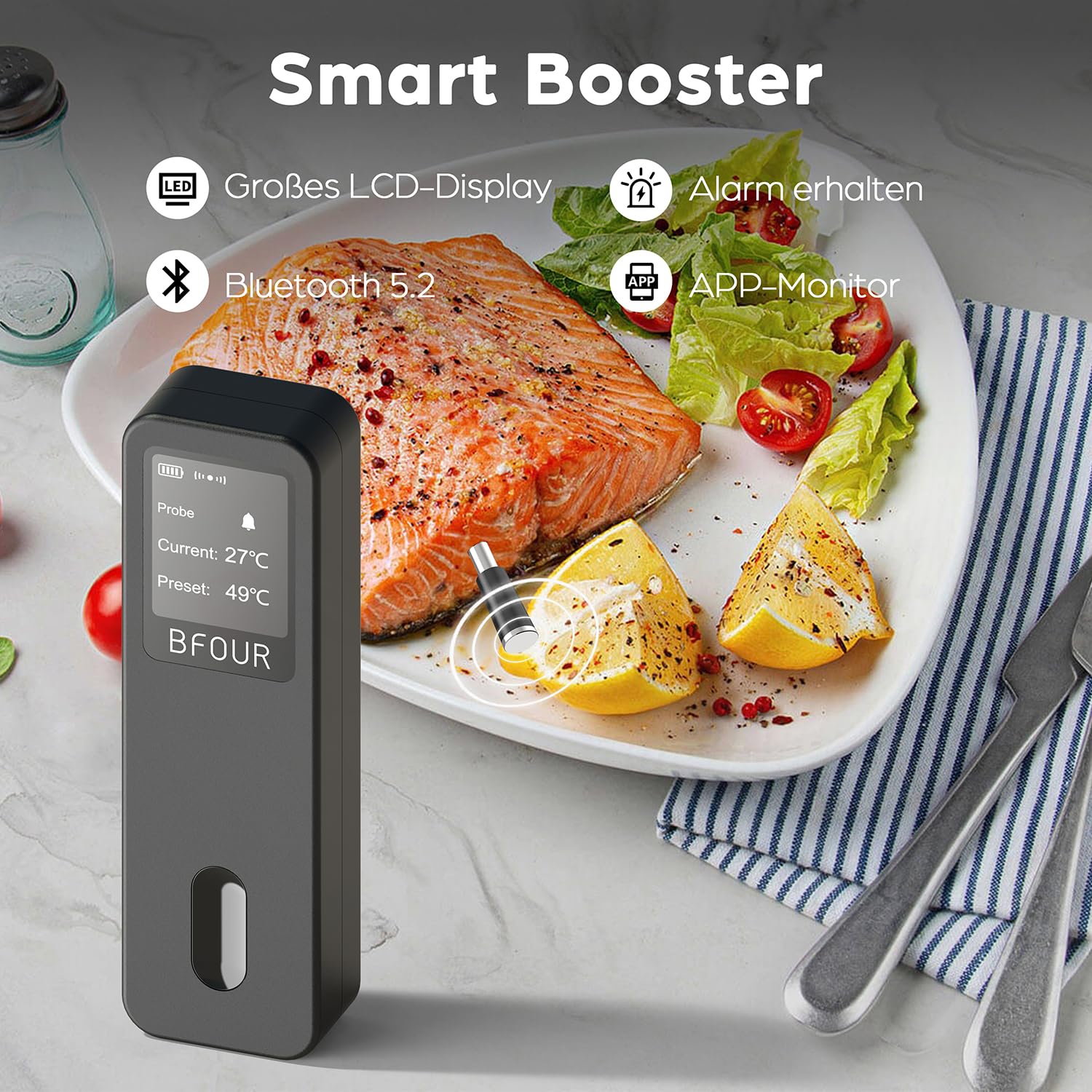 BFOUR Fleischthermometer kabellos,Smart Bluetooth Grillthermometer,Doppelalarm,App-Überwachung,IP67 wasserdicht,Backofenthermometer für BBQ, Grill, Backofen,Smoker, Rotisserie