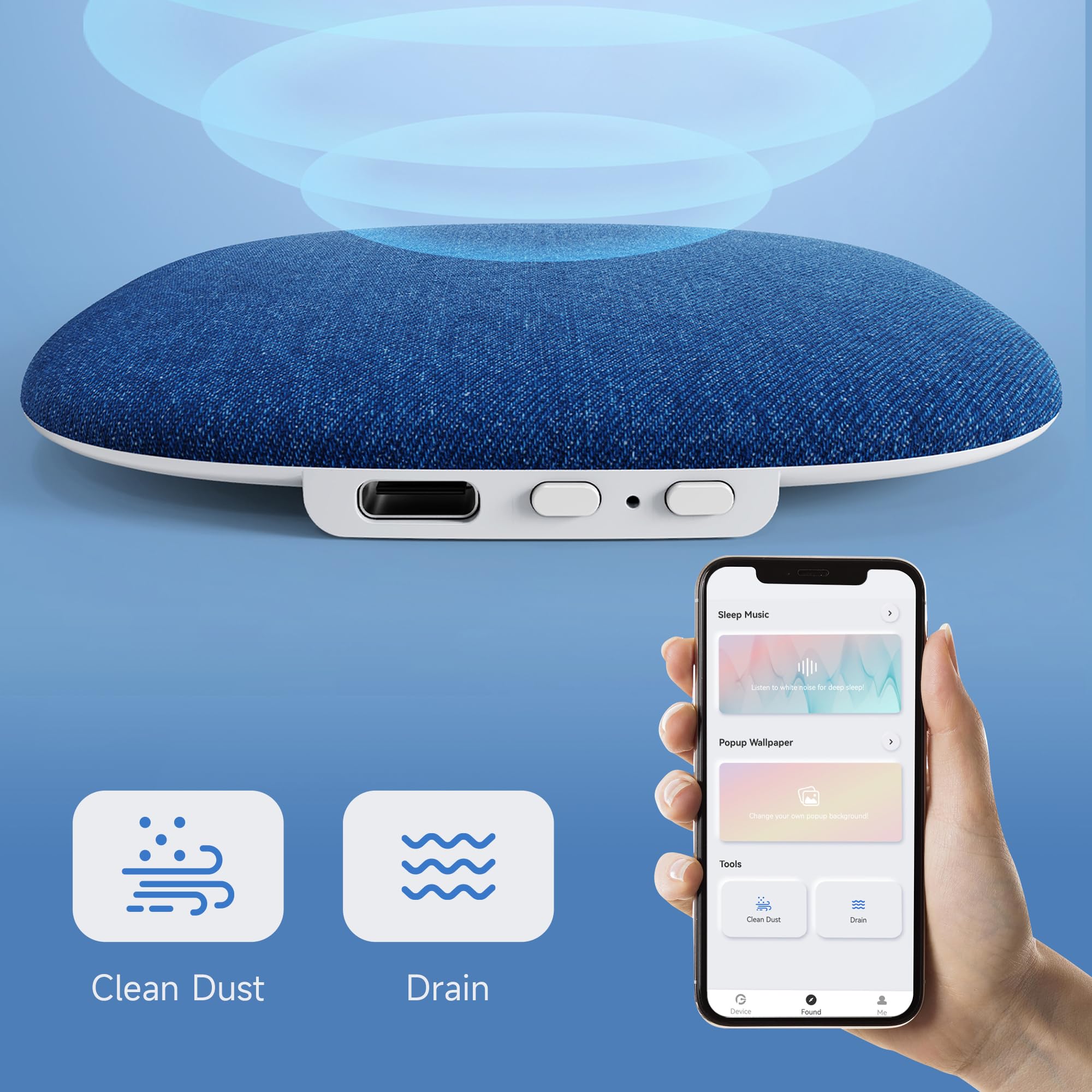 TAZATA Pillow Speaker for Sleeping, Built-in 100 White Noise Sound Machine + App Extendable, Ultra Thin Flat Portable Bluetooth Speaker Under Pillow for Side Sleeper, Auto-Off Timer (Blue) — view 6