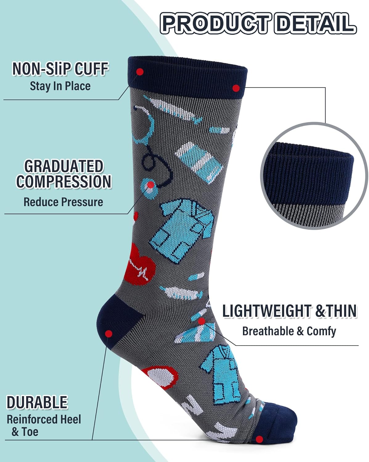 6 Pairs Novelty Nurse Socks for Men Funny Compression Cotton Crew Socks Nursing Week Gift for Nurses Medical Worker Dental Assistant - Image 5