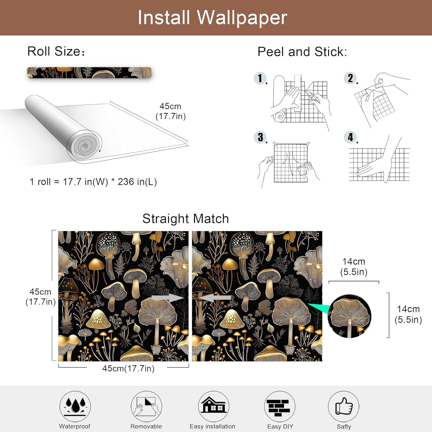 Elegant Gold Mushroom Wallpaper – Peel and Stick Wallpaper for Accent Walls, Living Room, or Bedroom Decor, 17.7in x 236in