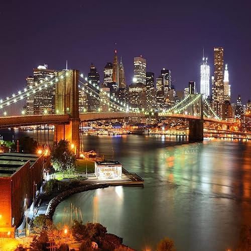 Miniatura 3 de Mural 3D de puente de construcción de la ciudad de Nueva York, mural fotográfico con vista nocturna de la ciudad, adhesivo de pared para sala de