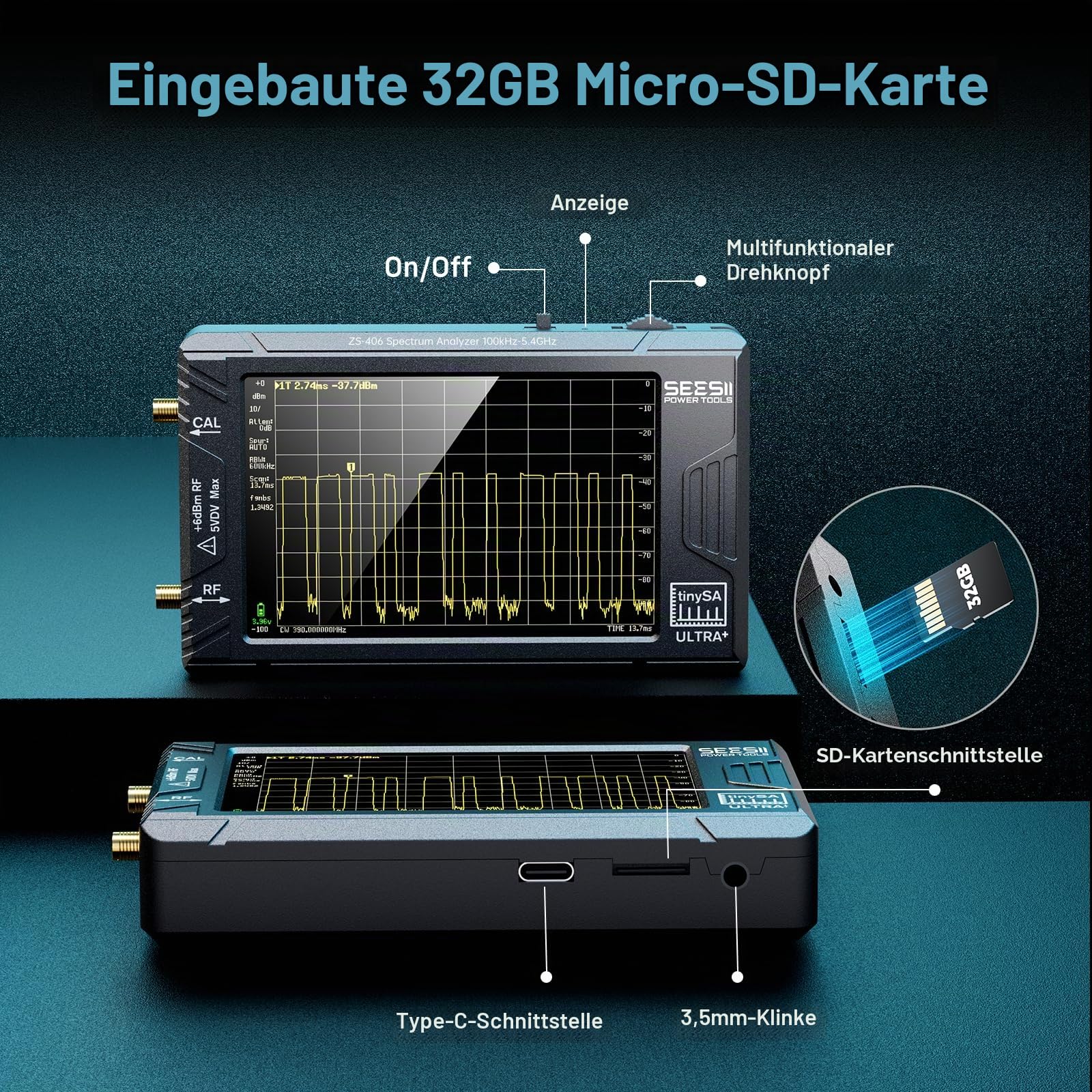 SEESII TinySA Ultra+ ZS406 Spektrumanalysator, 2025 Tragbarer Frequenzanalysator 4,0 Zoll 100 kHz - 5,4 GHz mit 32GB Speicherkarte, 2 in 1 Signalgenerator 100 kHz - 800 MHz MF/HF/VHF UHF-Eingang