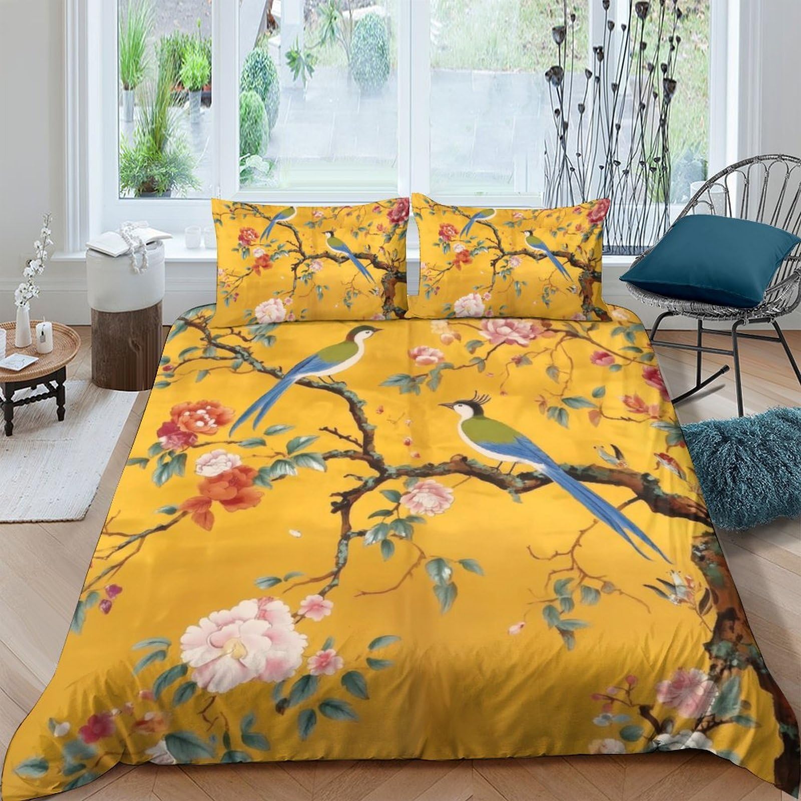 Ctjqhvkz Style-7 3D Printed Yellow Parrot Fitted Sheet Microfiber Floral Branch Mattress Cover For Bedroom Guest Room Machine Washable Single（135X200cm）