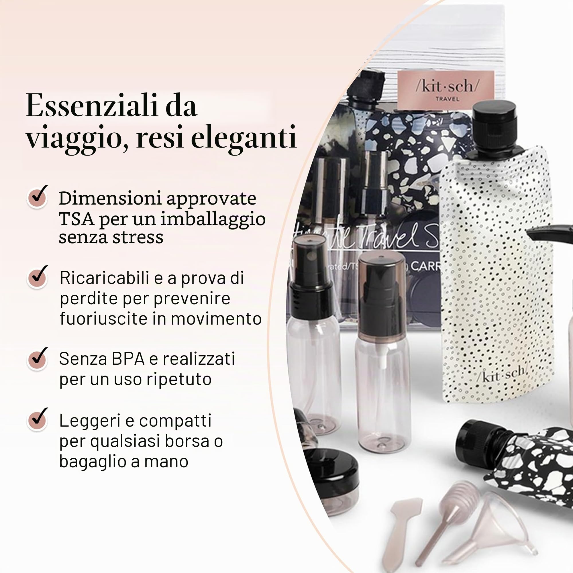 Kitsch Set da Viaggio 11 Pezzi per Toiletries – Kit Essenziale per Shampoo, Balsamo, Lozione e Altro, Contenitori Ricaricabili da Viaggio a Prova di Perdite – Nero & Avorio