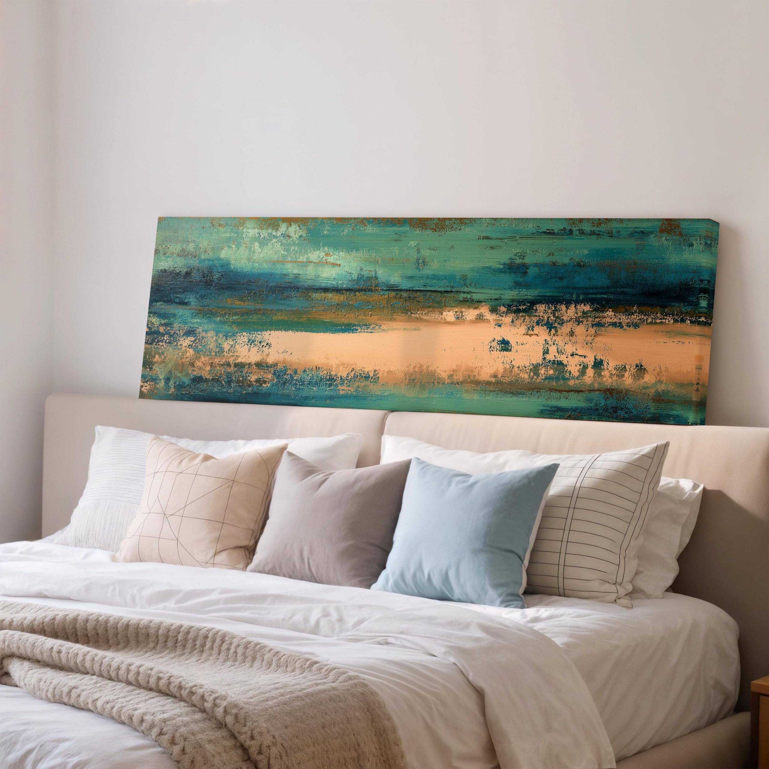 XBTYKPB Teal Painting, Long Narrow Canvas Art, Wide Panoramic Framed Print, Large size Textured Decor, Japandi Decor, Office Wall(65x195cm/Frameless)