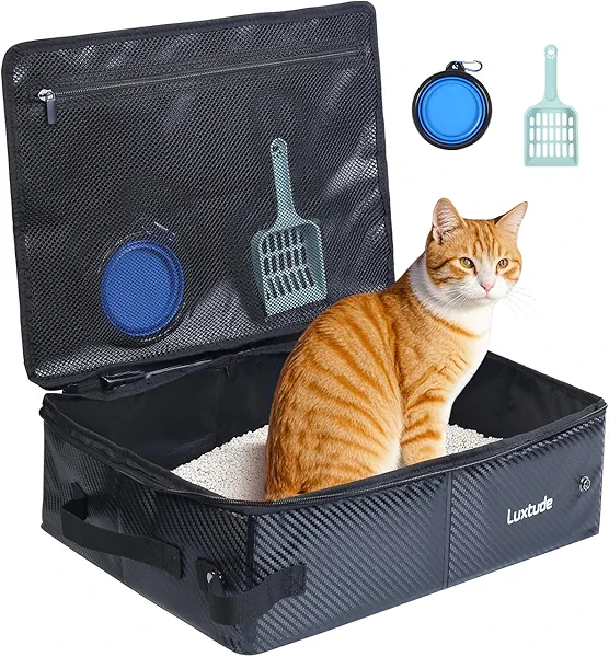Luxtude Collapsible Travel Litter Box for Cats, Waterproof & Smell-Proof Portable Cat Litter Box with Lid for Car, Hotel, and Outdoor Use
