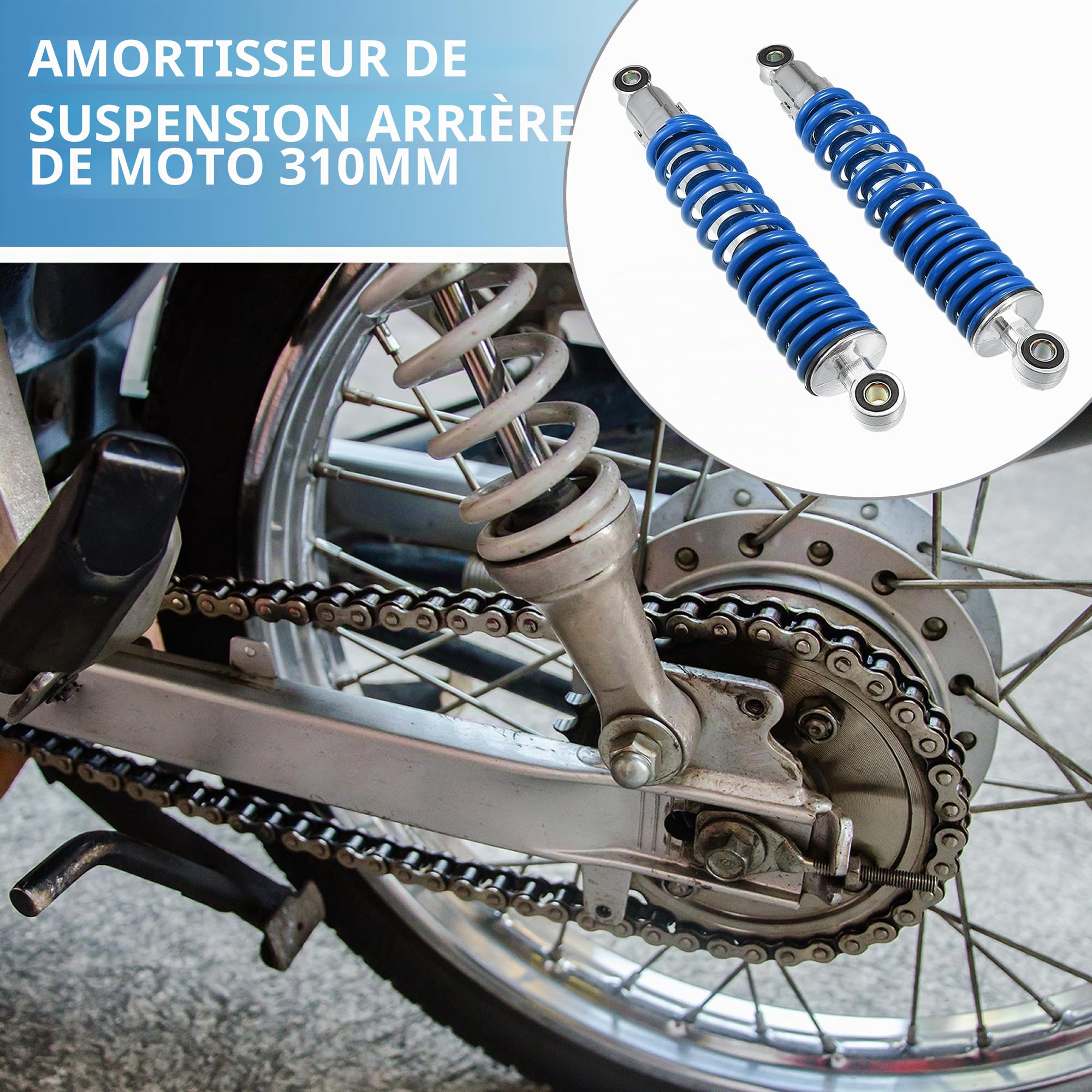 A ABSOPRO Amortisseurs Arrière De Moto Résistants Et Réglables, 1 Paire | Bleu, Métal, Pour Moto/Quad/Cyclomoteur/Tout-Terrain/Course, 50-125cc, 544kg, Œil À Œil