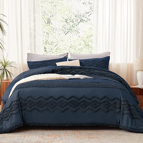 Luxudecor Navy Blue Boho Tufted Comforter Set Queen Size 3