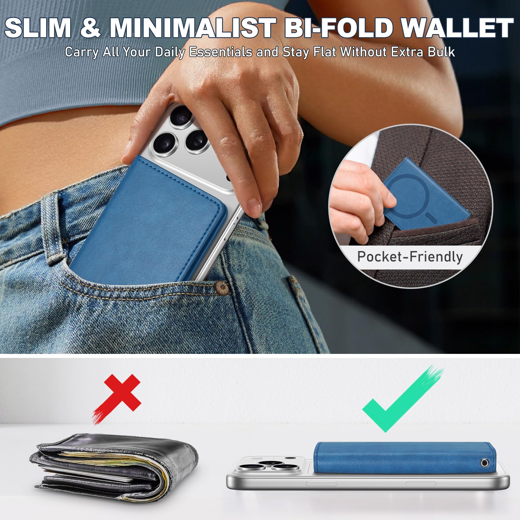 TUCCH Portfel magnetyczny, 6 uchwytów na karty z blokadą RFID, kompatybilne z MagSafe, etui na karty ze skóry PU [przezroczyste okienko ID] do iPhone 17/16/15/14/13/12 seria, Jasnoniebieski