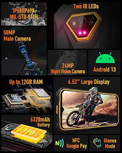 Miniatura 2 de Ulefone Armor X13 - Teléfono inteligente resistente, cámara de visión nocturna de 50 MP+24 MP, octa-core 12 GB RAM 64 GB ROM, pantalla de 6.52